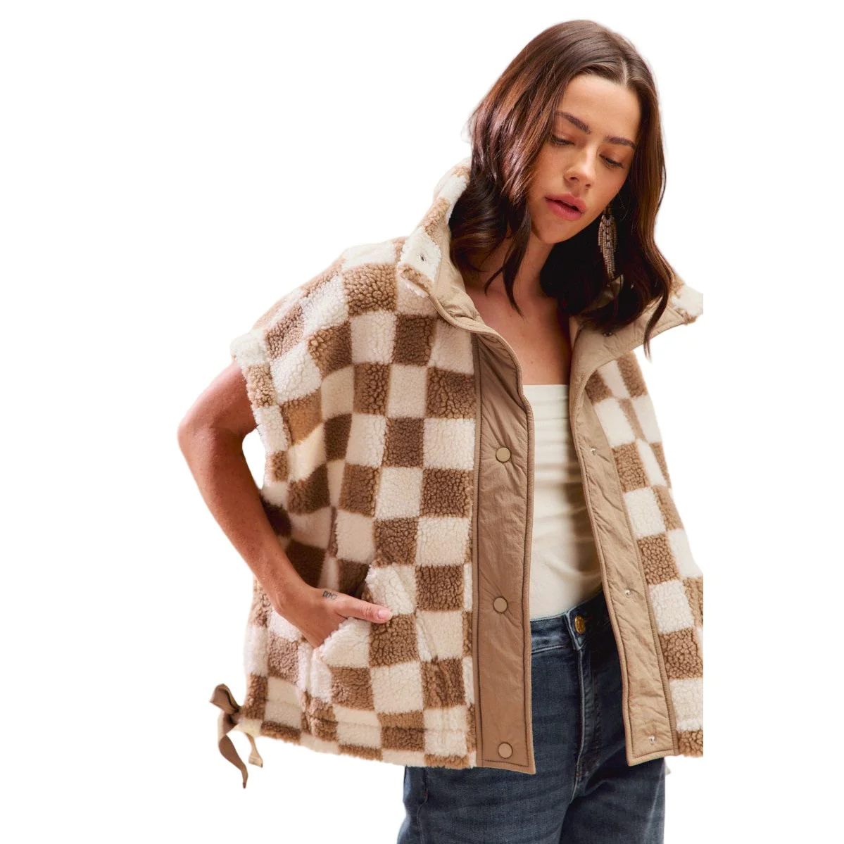 Women's Oversized Sherpa Fleece Checker Vest Jacket - Image 2