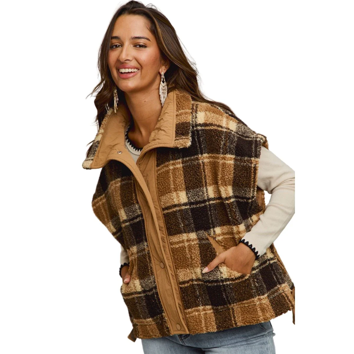 Women's Oversized Sherpa Fleece Checker Vest Jacket - Image 4