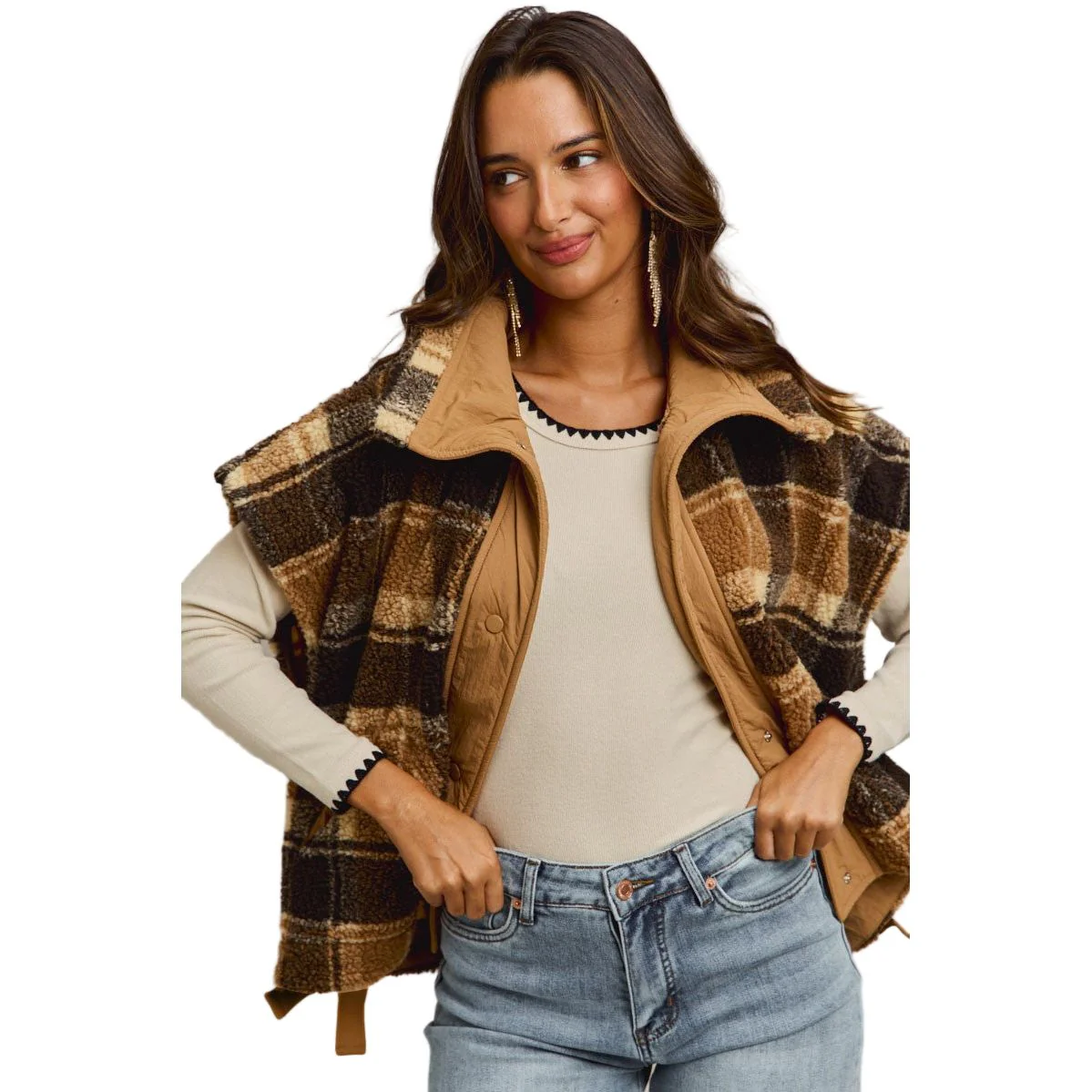Women's Oversized Sherpa Fleece Checker Vest Jacket - Image 5