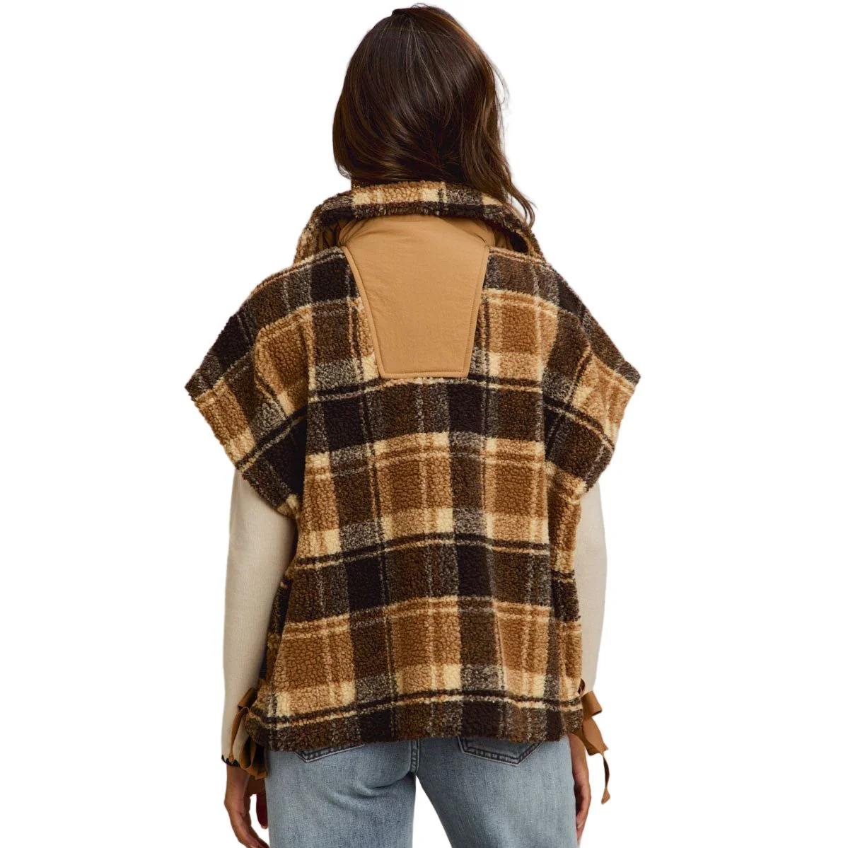 Women's Oversized Sherpa Fleece Checker Vest Jacket - Image 7