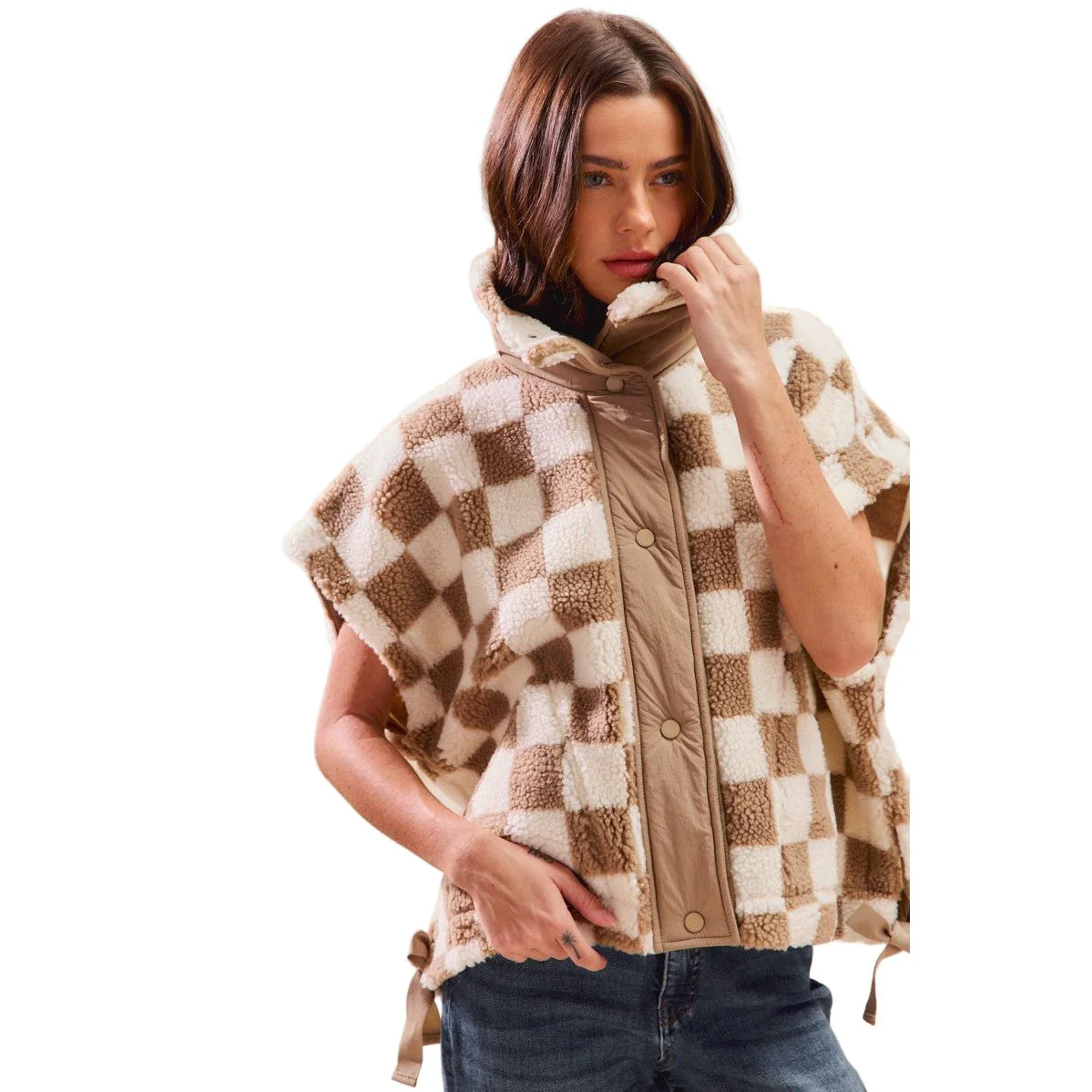 Women's Oversized Sherpa Fleece Checker Vest Jacket - Image 9