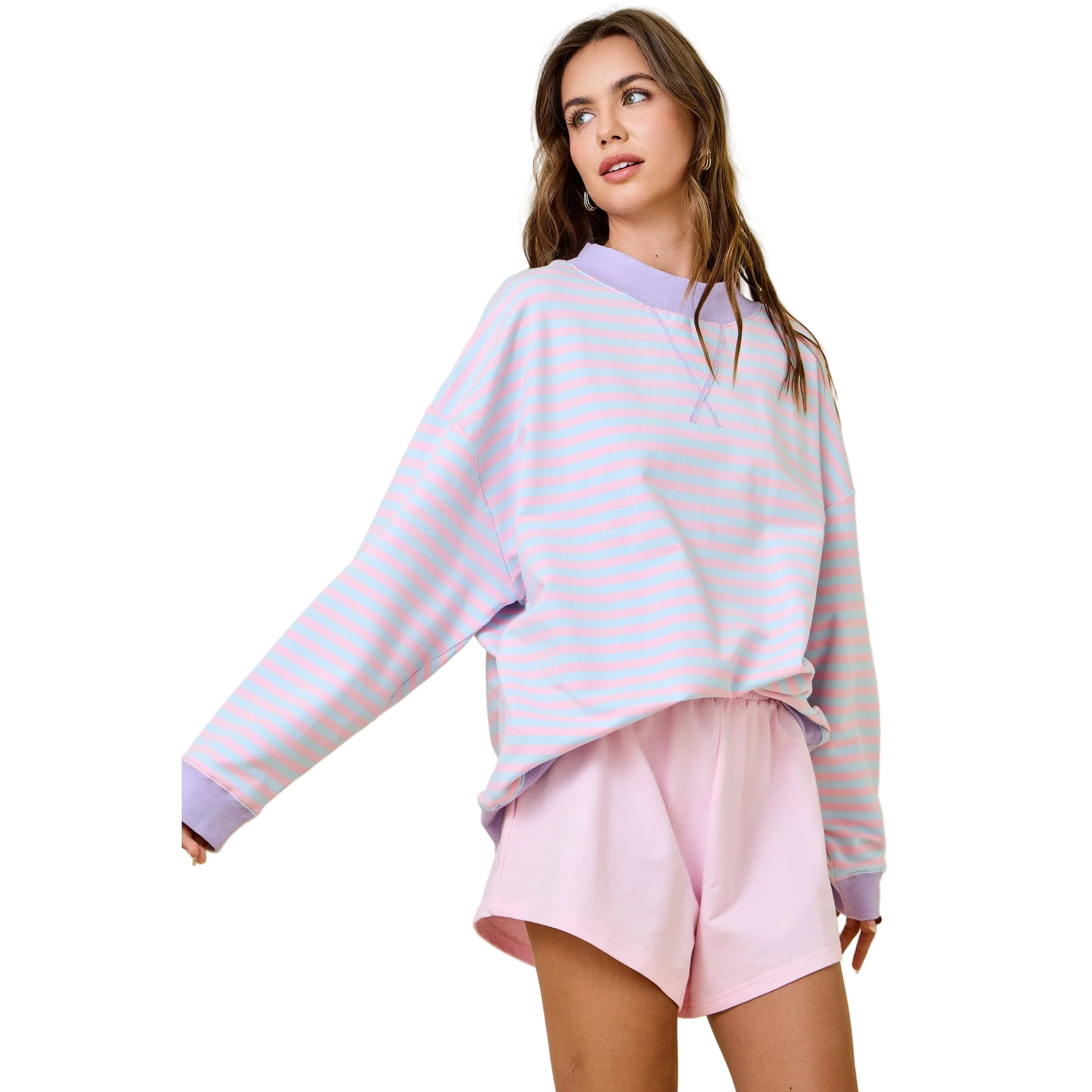 Women's Pink and Blue Mock Neck Striped Terry Lounge Sweatshirt - Image 2