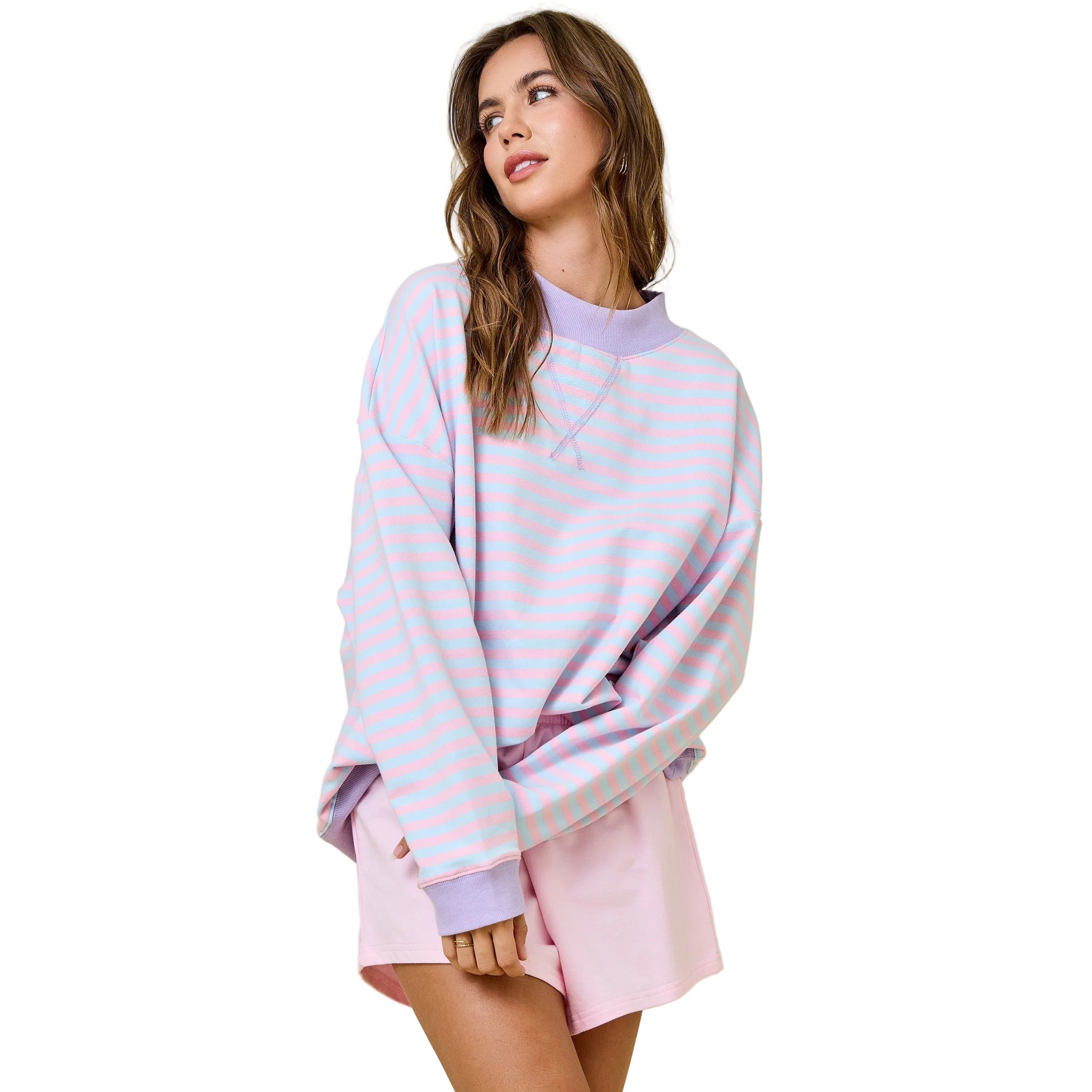 Women's Pink and Blue Mock Neck Striped Terry Lounge Sweatshirt - Image 3