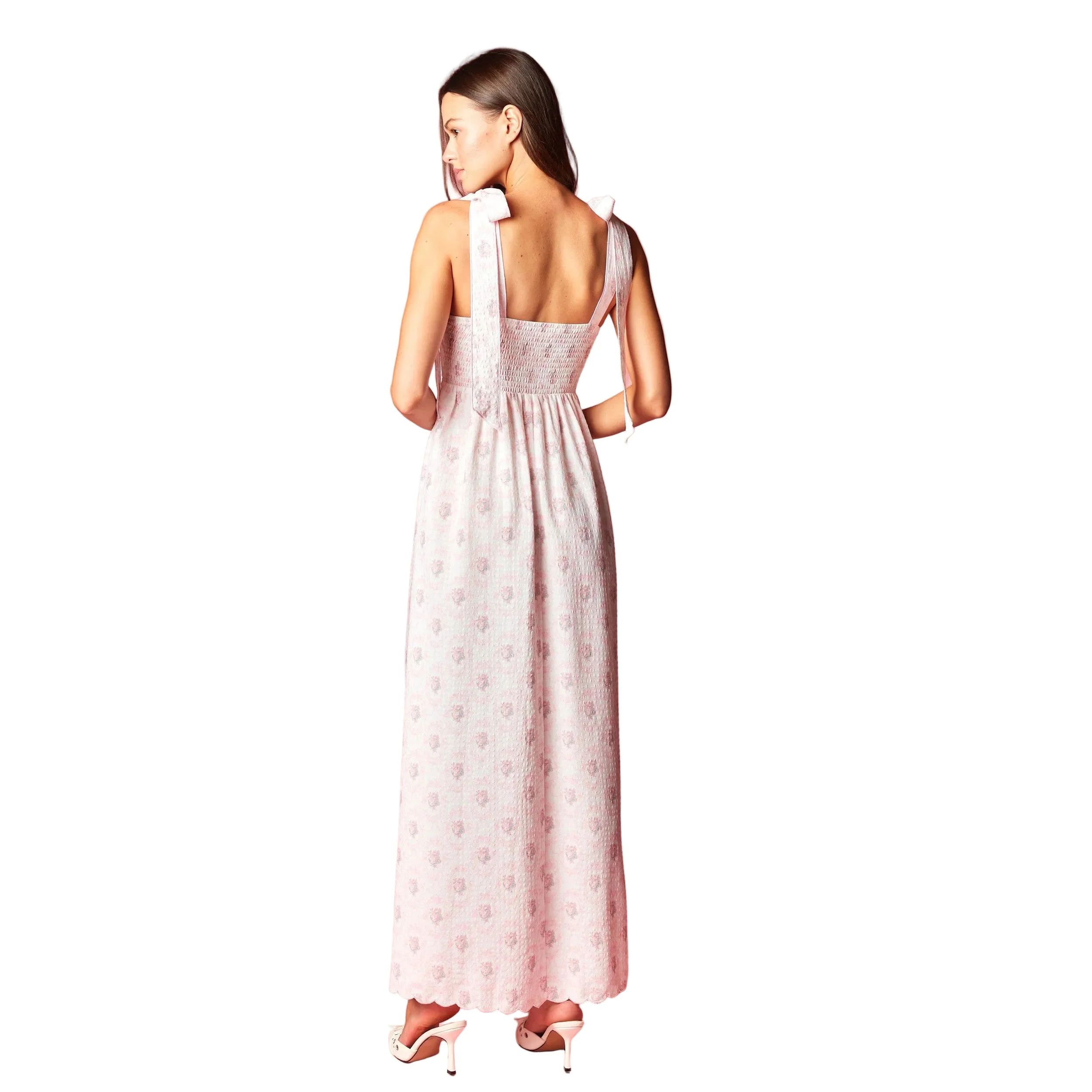 Women's Pink Floral Scalloped Tie-Shoulder Maxi Dress R30790D - Image 3