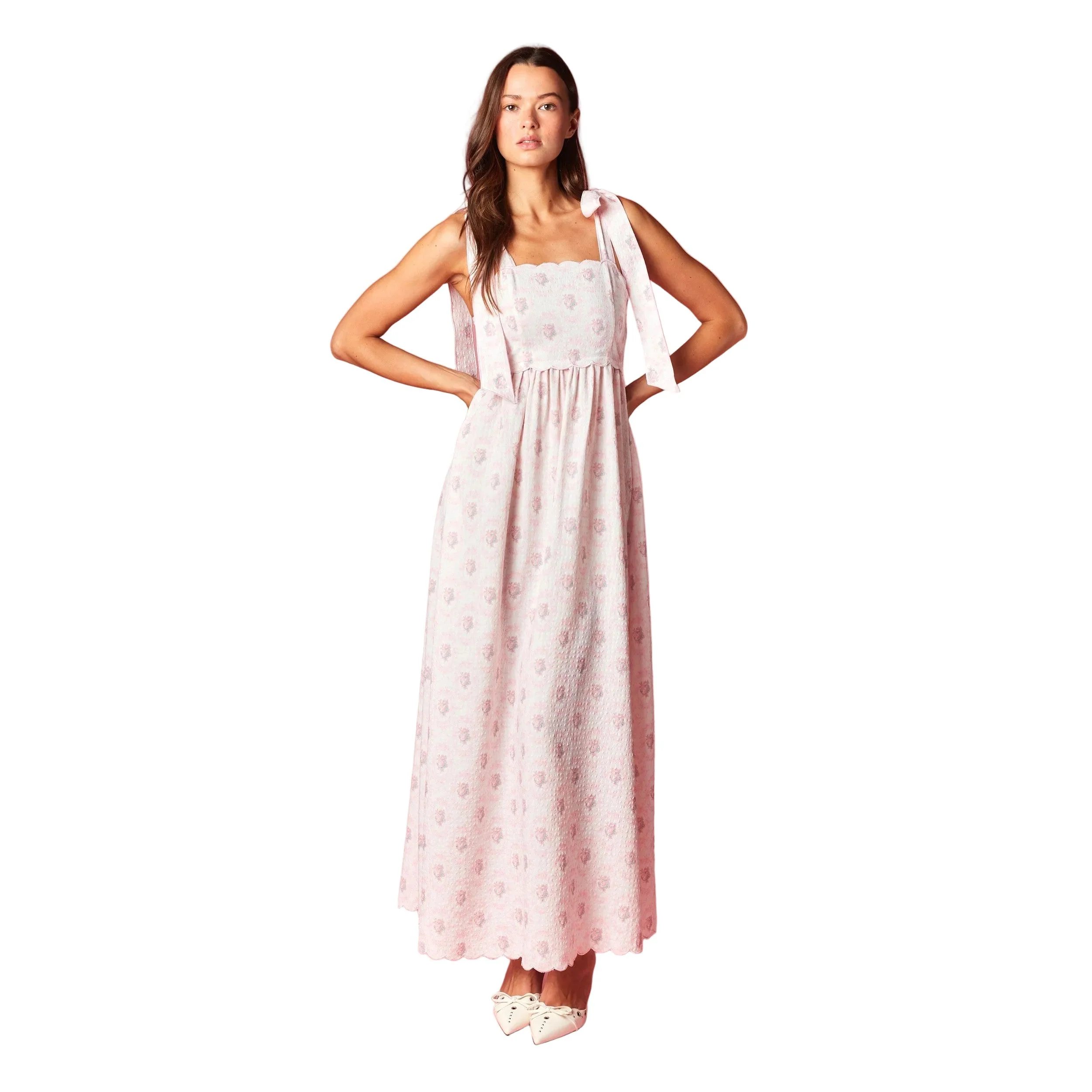 Women's Pink Floral Scalloped Tie-Shoulder Maxi Dress R30790D - Image 4