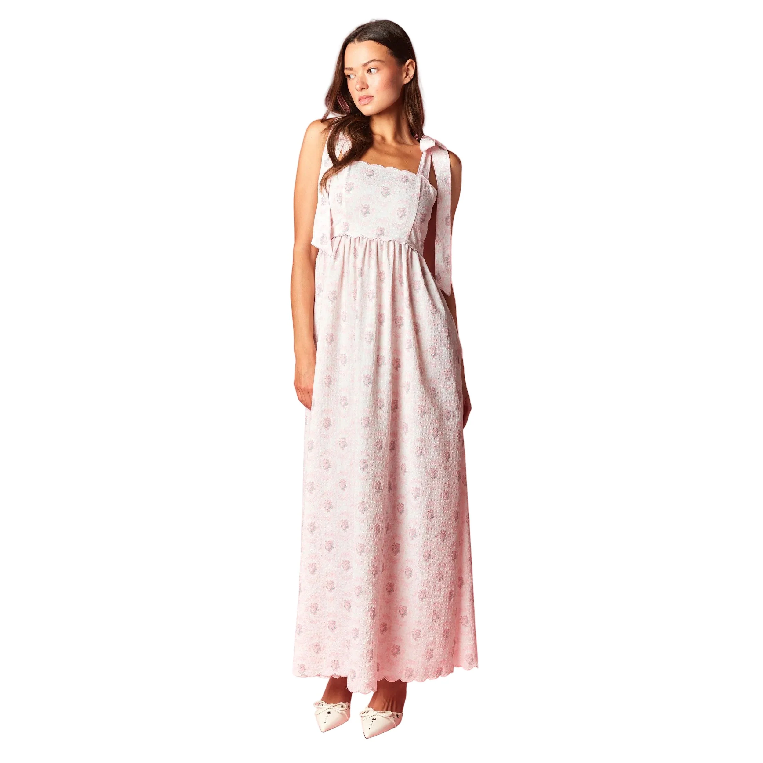 Women's Pink Floral Scalloped Tie-Shoulder Maxi Dress R30790D - Image 8