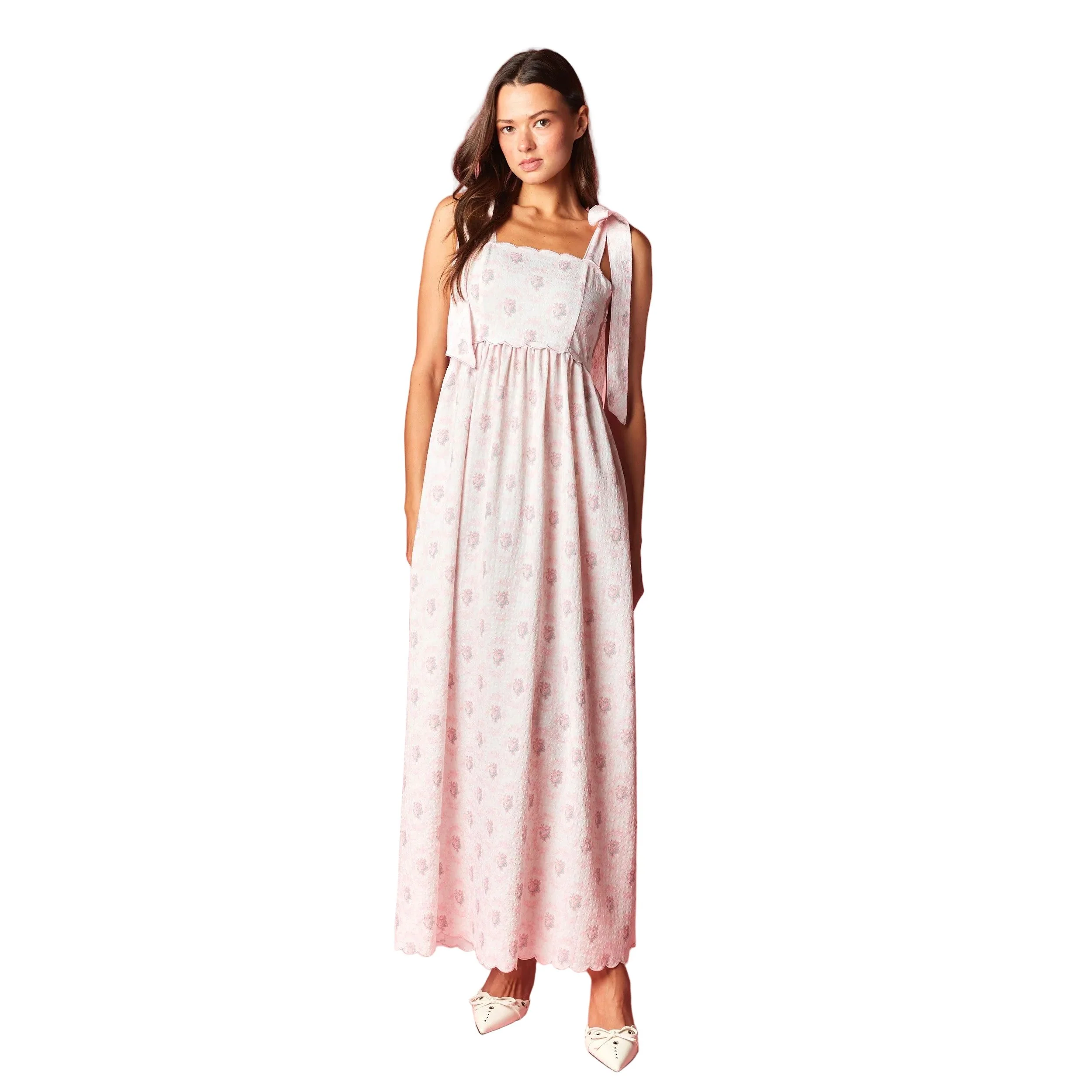 Women's Pink Floral Scalloped Tie-Shoulder Maxi Dress R30790D - Image 9