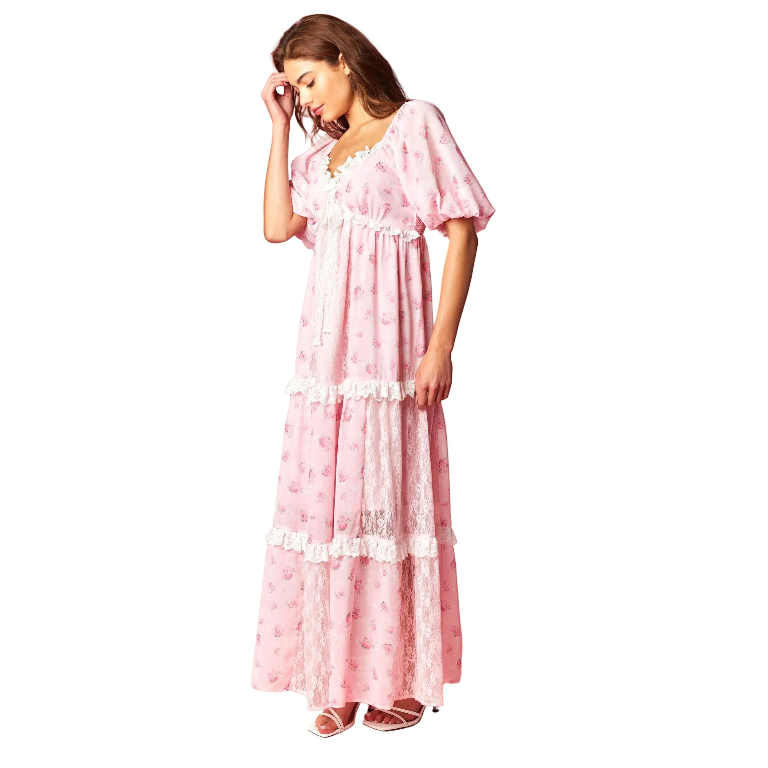 Women's Pink Vintage Rose Lace Panel Maxi Dress R30800D-01 - Image 7