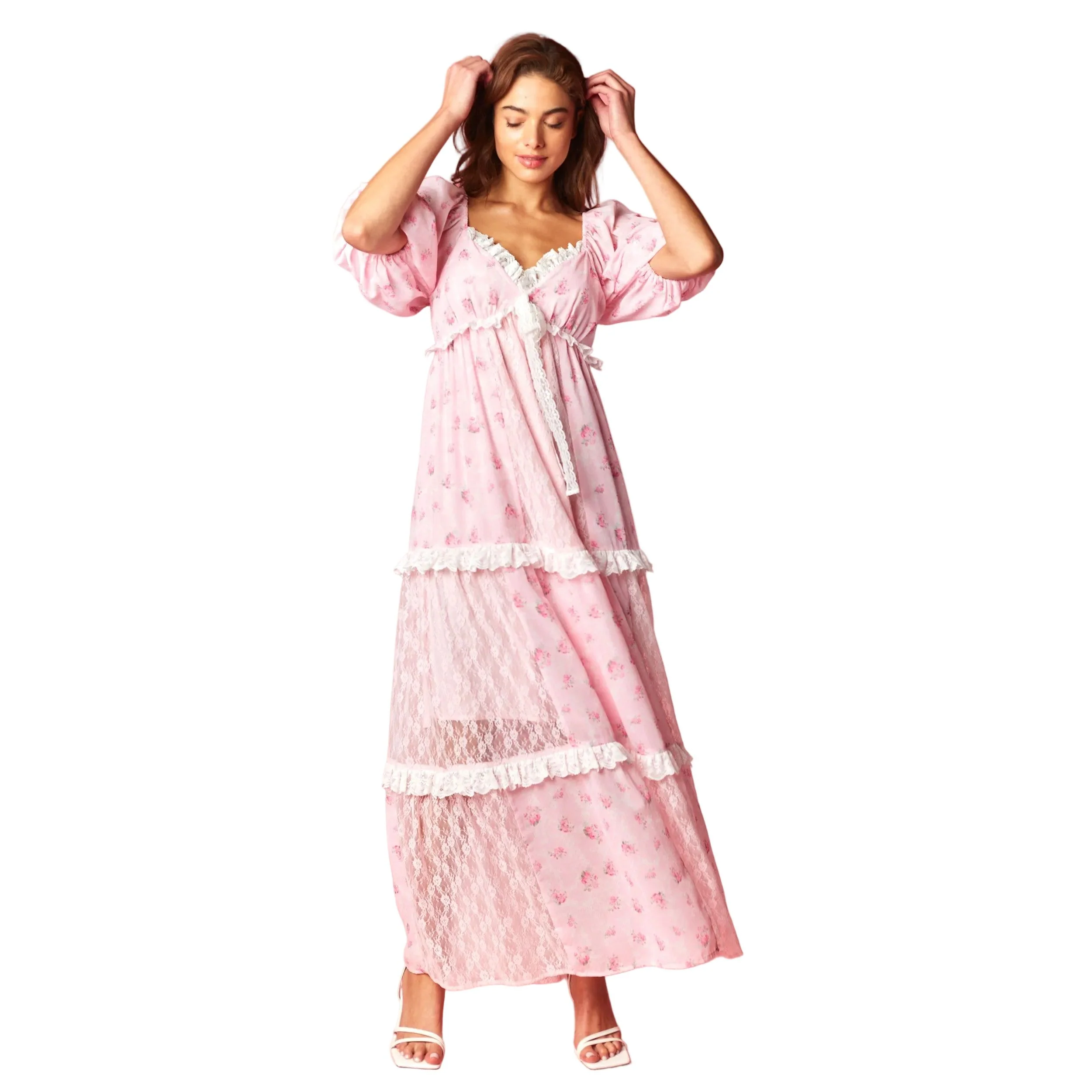 Women's Pink Vintage Rose Lace Panel Maxi Dress R30800D-01 - Image 9