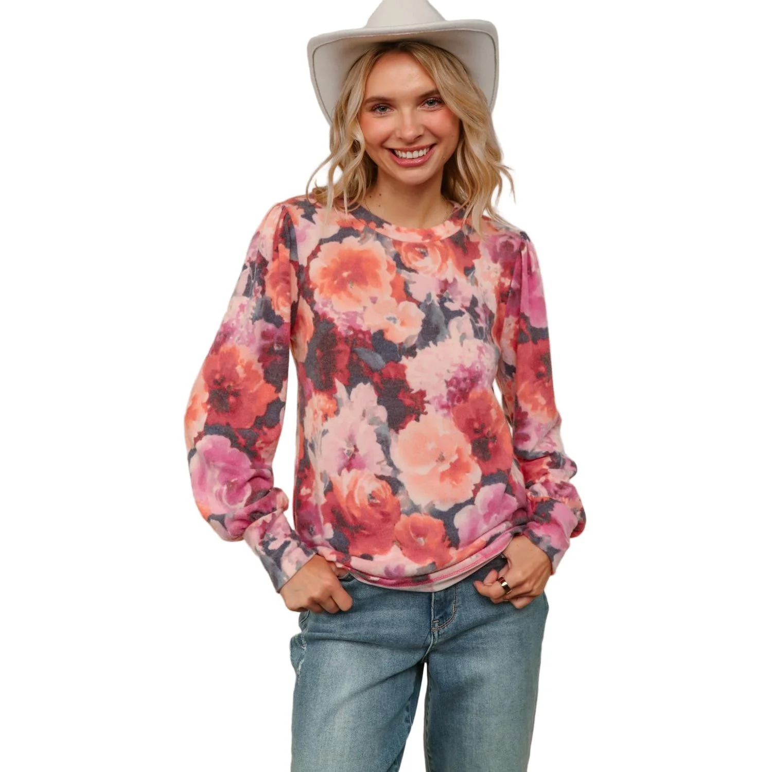 Women's Plus Round Neck Floral Brushed Hacci Knit Top HT4487DX