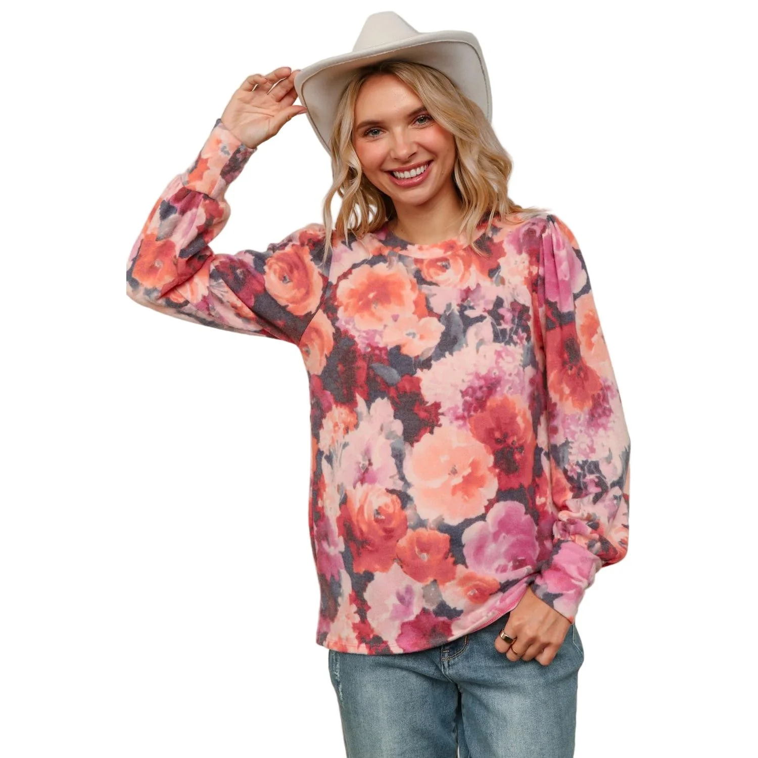 Women's Plus Round Neck Floral Brushed Hacci Knit Top HT4487DX - Image 2