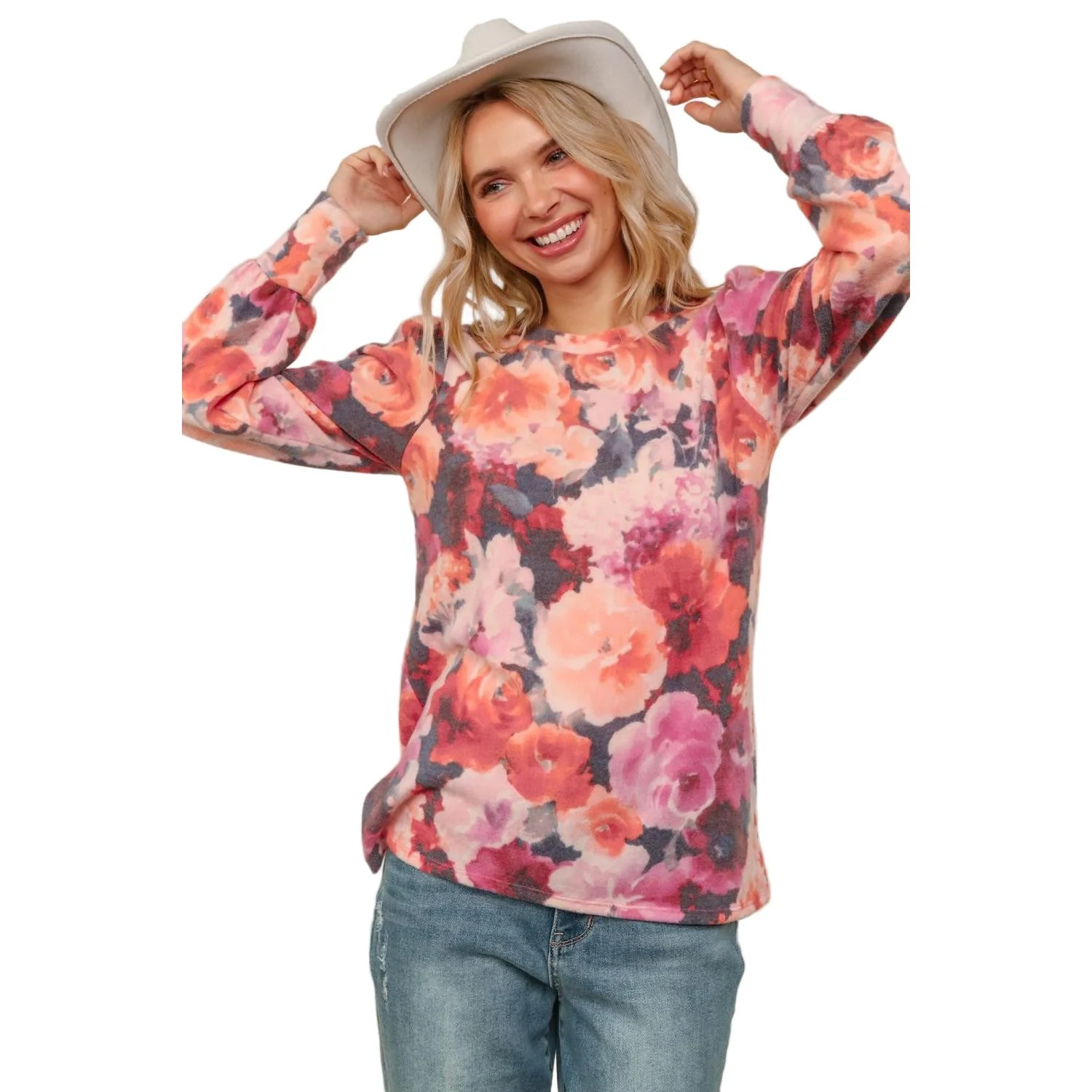 Women's Plus Round Neck Floral Brushed Hacci Knit Top HT4487DX - Image 3