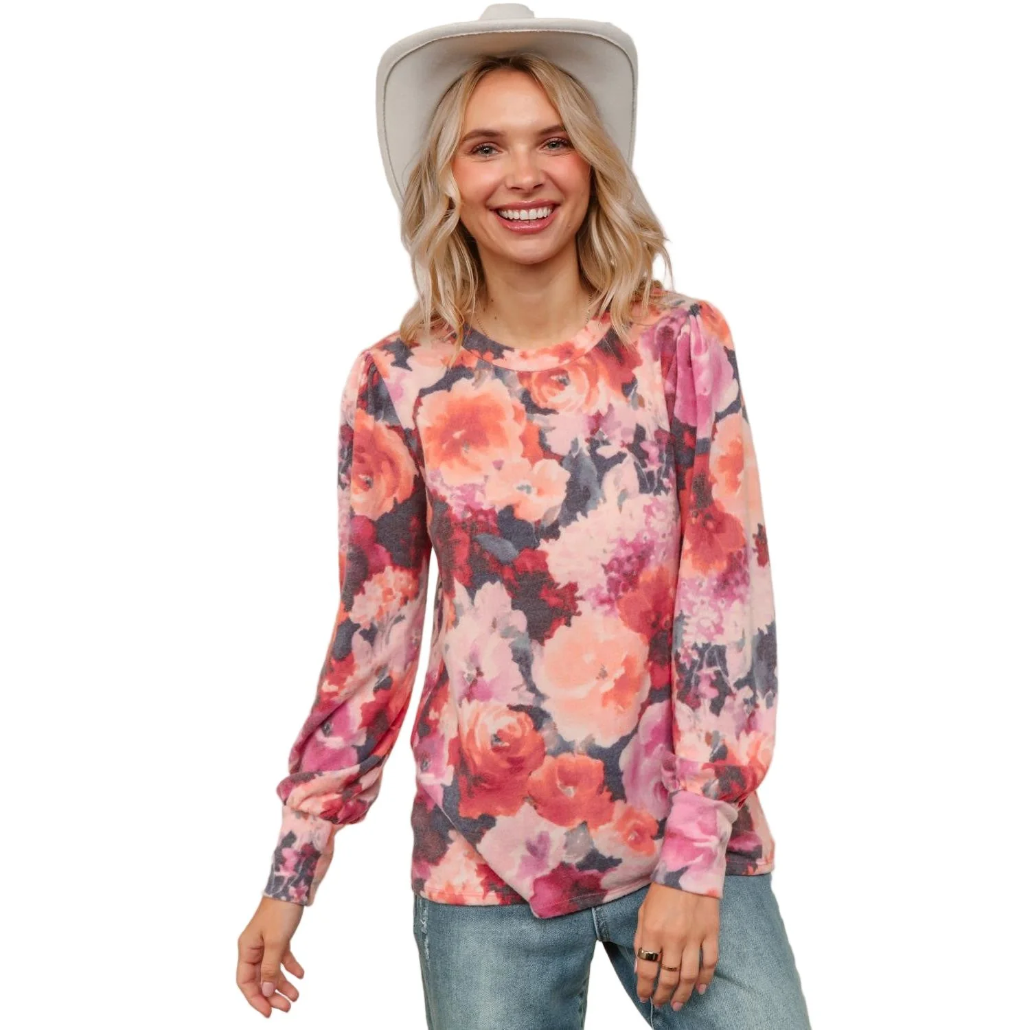 Women's Plus Round Neck Floral Brushed Hacci Knit Top HT4487DX - Image 4