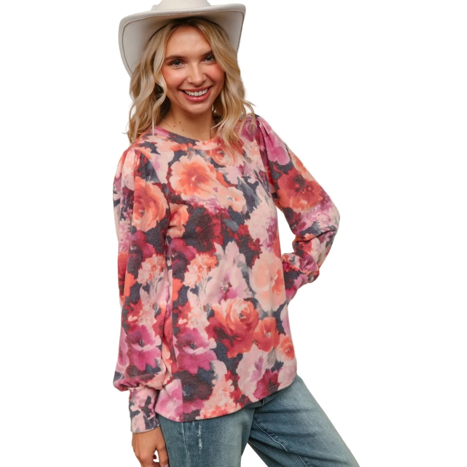 Women's Plus Round Neck Floral Brushed Hacci Knit Top HT4487DX - Image 7