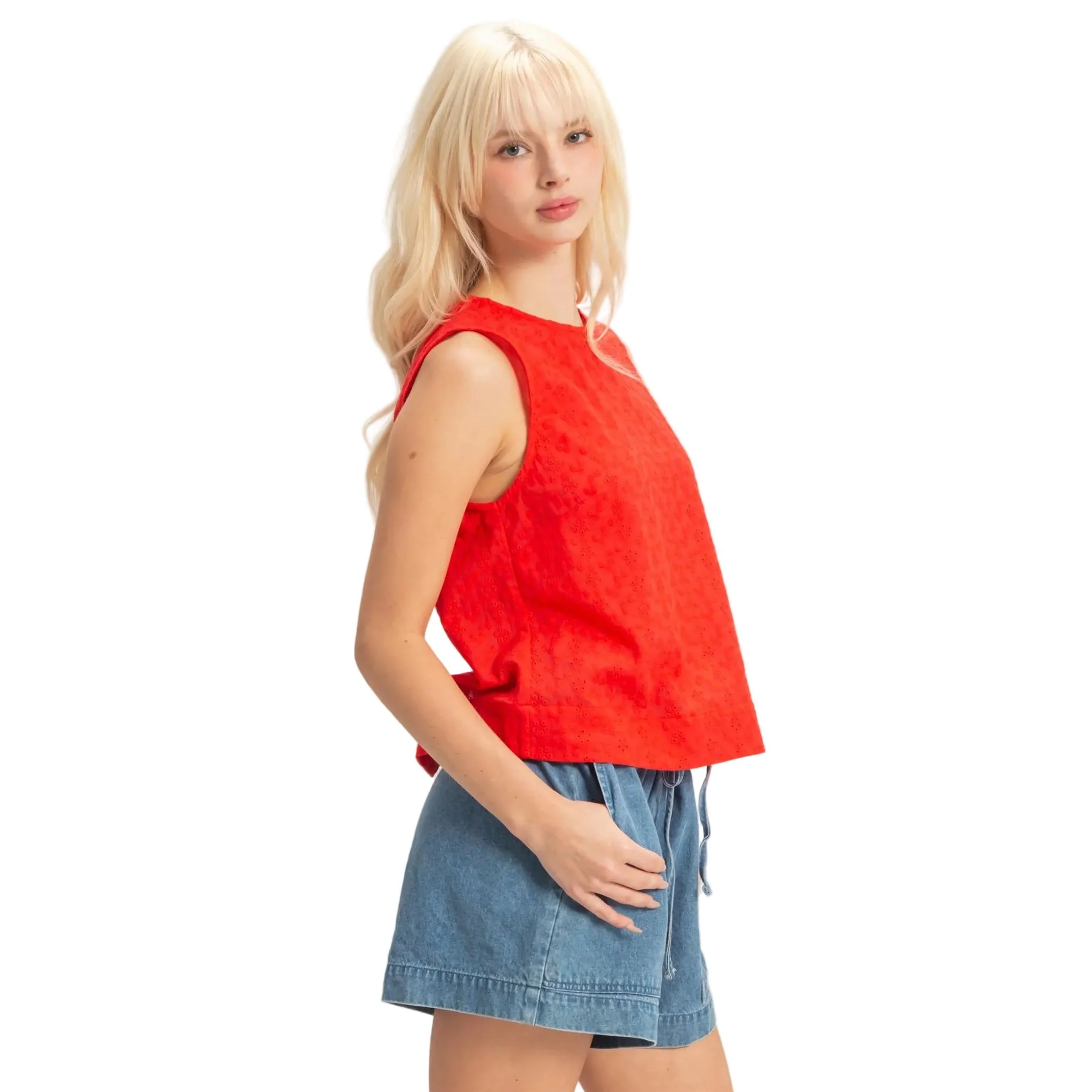 Women's Red Eyelet Sleeveless Top With Back Buttons - Image 2