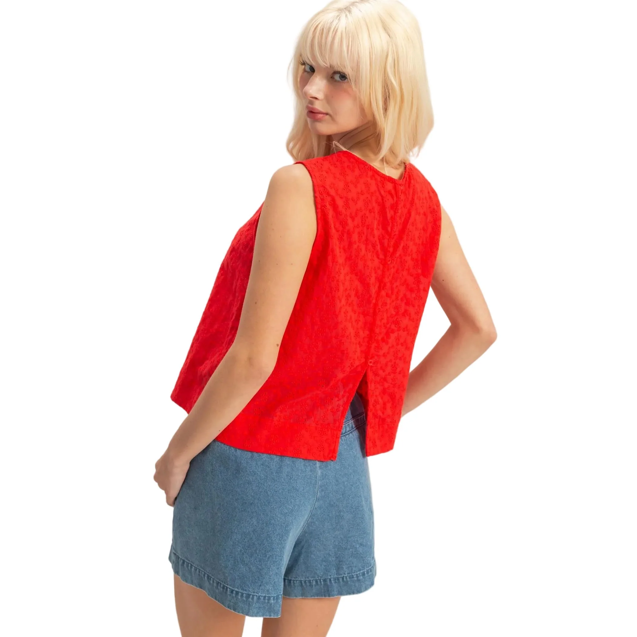 Women's Red Eyelet Sleeveless Top With Back Buttons - Image 3