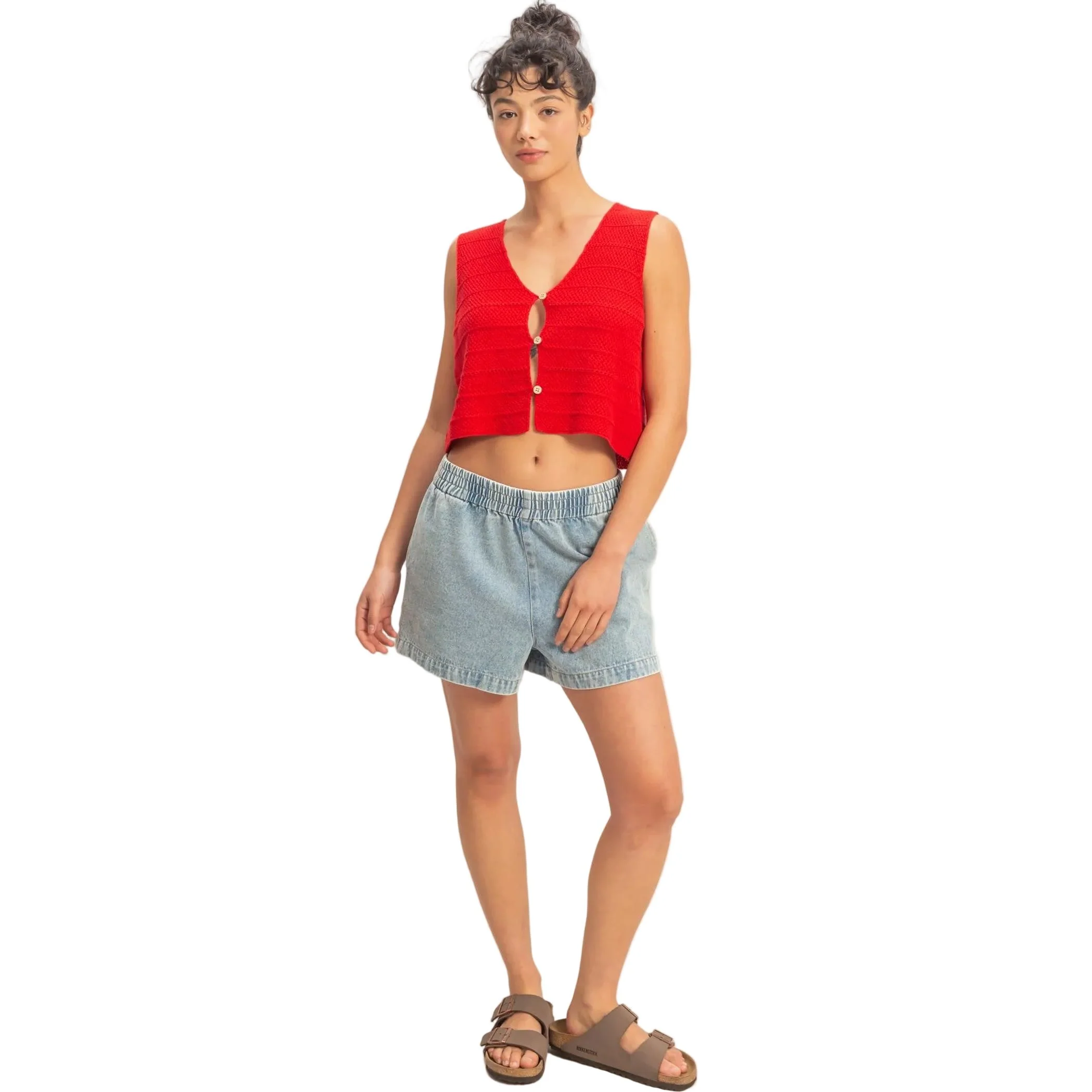 Women's Red V-neck Textured Sleeveless Knit Vest - Image 4
