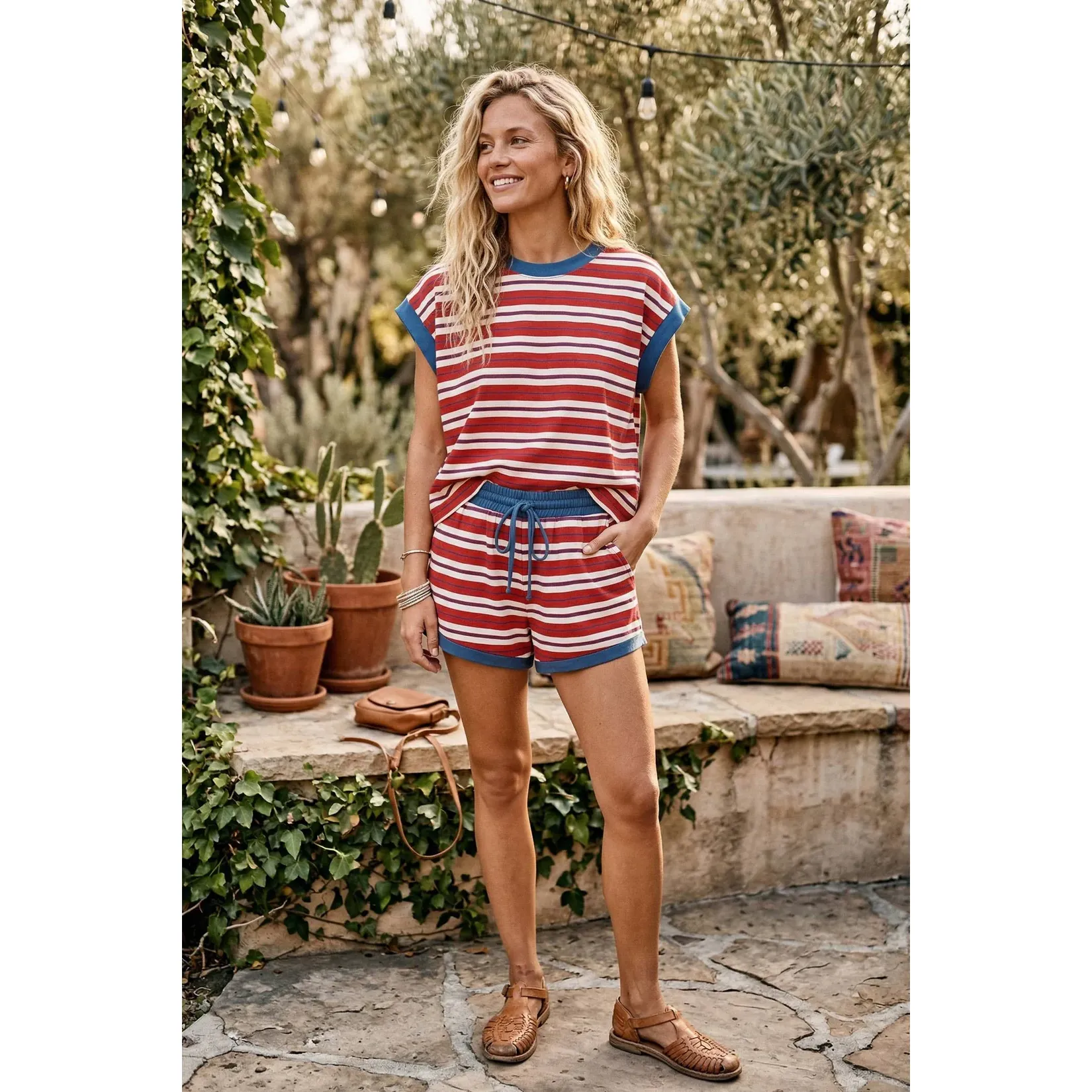 Women's Red White and Blue Colorblock Striped Short and Shirt Set SNS2295 - Image 2
