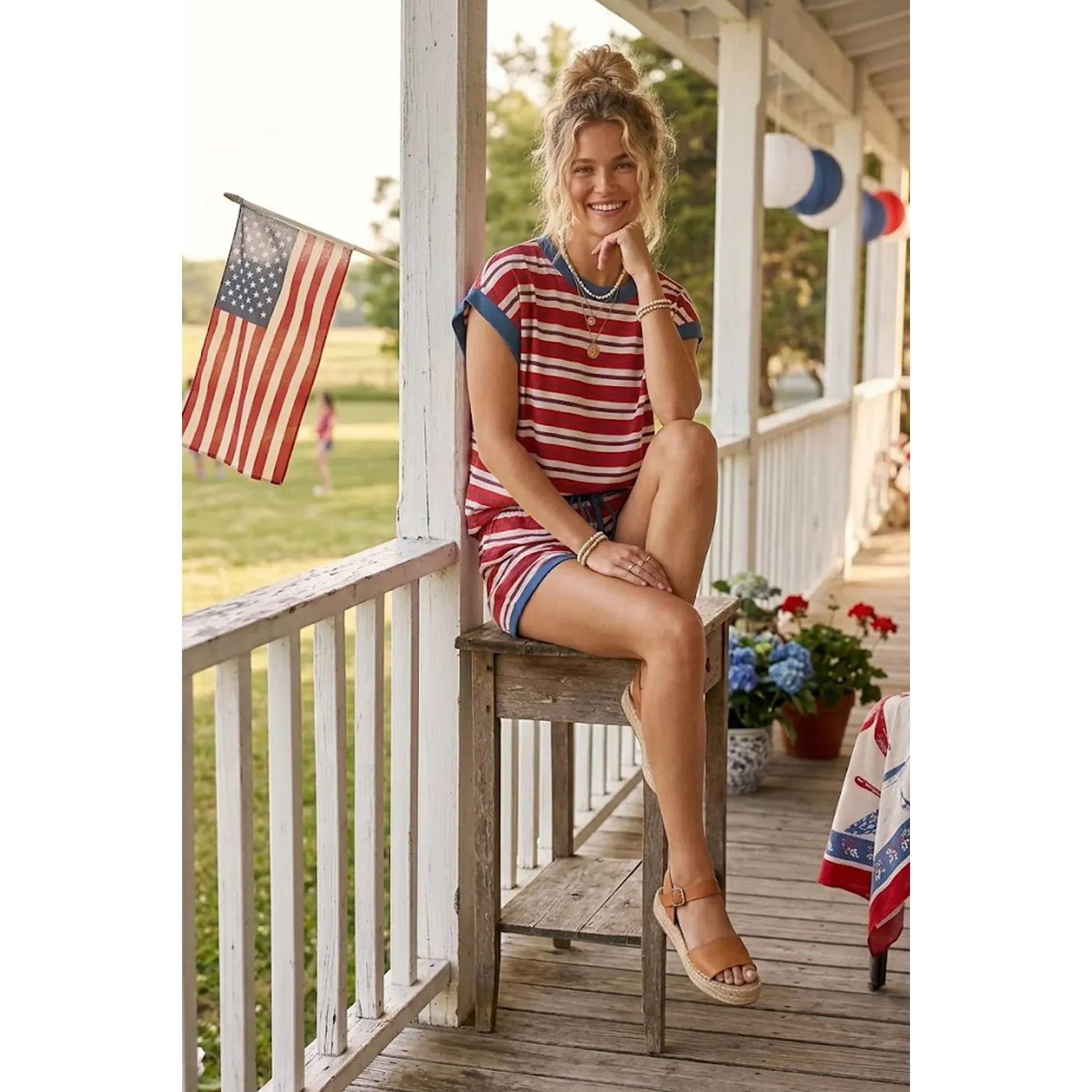 Women's Red White and Blue Colorblock Striped Short and Shirt Set SNS2295 - Image 3