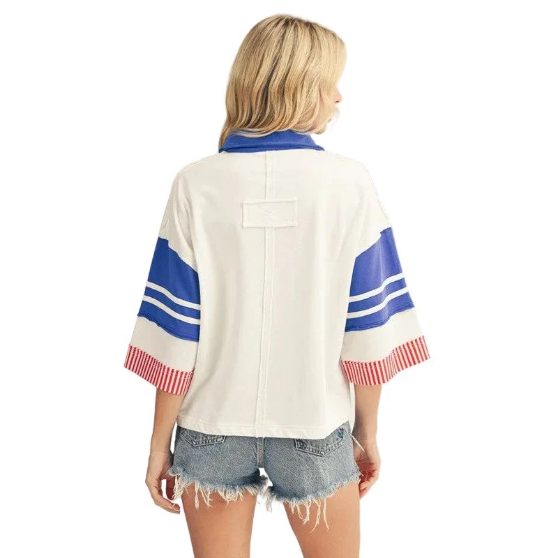 Women's Red White and Blue Raw Cut Edge Detail Color Blocked Polo Shirt - Image 2