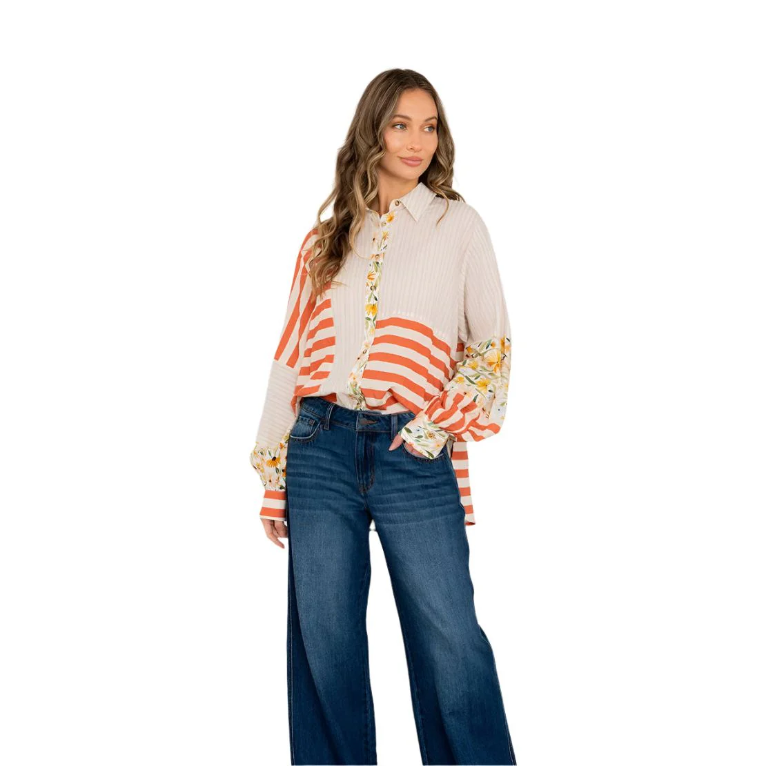 Women's Relaxed Fit Mixed Print Button Down Shirt