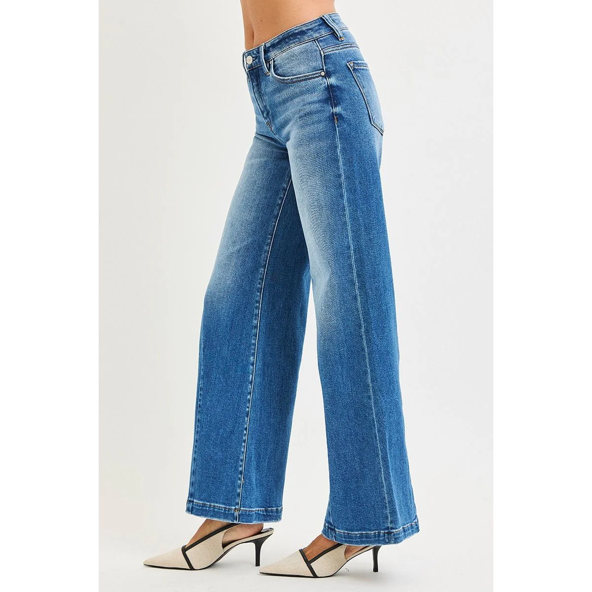 Women's Risen Mid Rise Wide Leg Jeans With Flared Look PWF21447 - Image 3