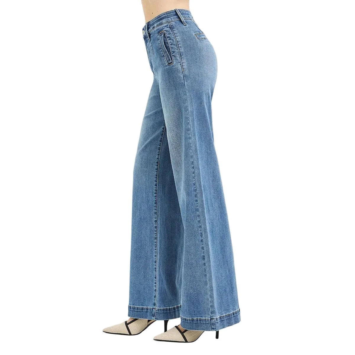 Women's Risen Tummy Control Elastic Band High Rise Wide Jeans PW21734 - Image 3