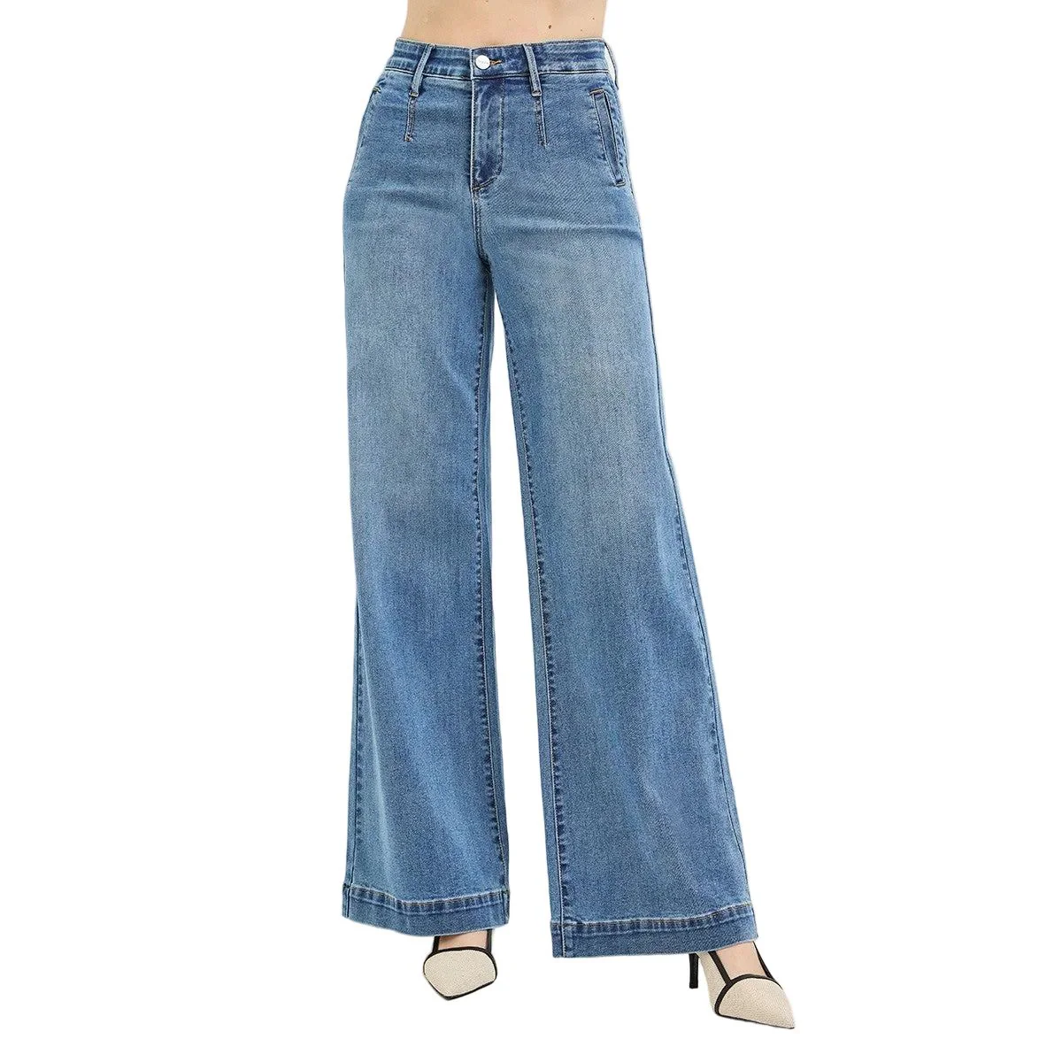 Women's Risen Tummy Control Elastic Band High Rise Wide Jeans PW21734 - Image 4