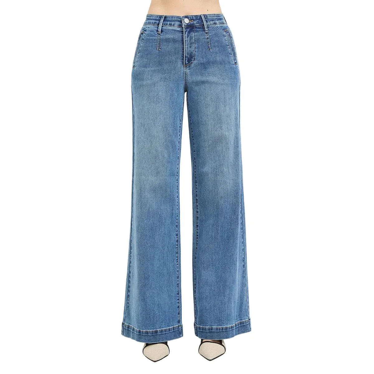 Women's Risen Tummy Control Elastic Band High Rise Wide Jeans PW21734 - Image 5