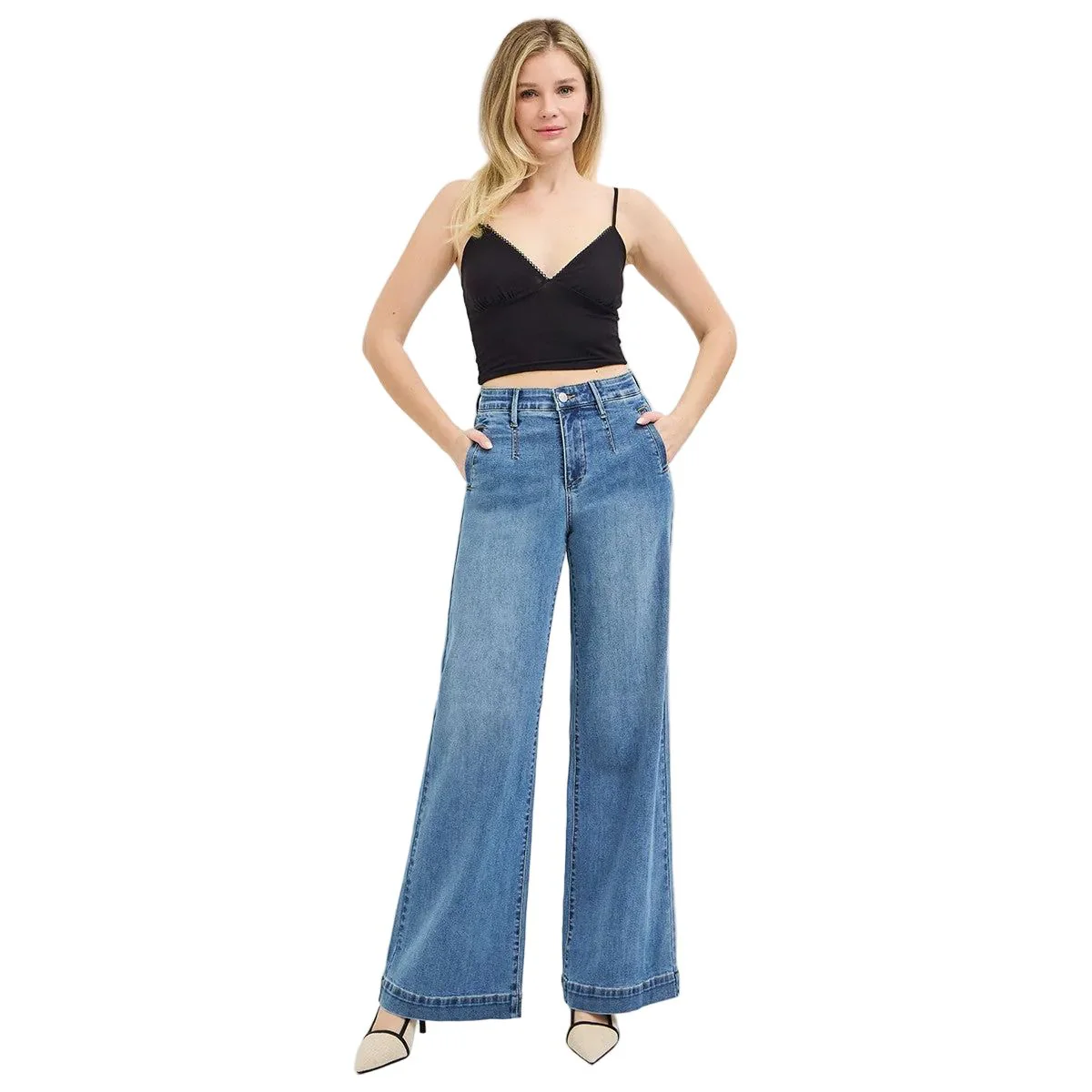 Women's Risen Tummy Control Elastic Band High Rise Wide Jeans PW21734 - Image 6