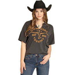 Women's Rock and Roll Denim V-neck Graphic Tee with Studs BW21T07959
