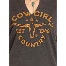 Women's Rock and Roll Denim V-neck Graphic Tee with Studs BW21T07959 - Image 3