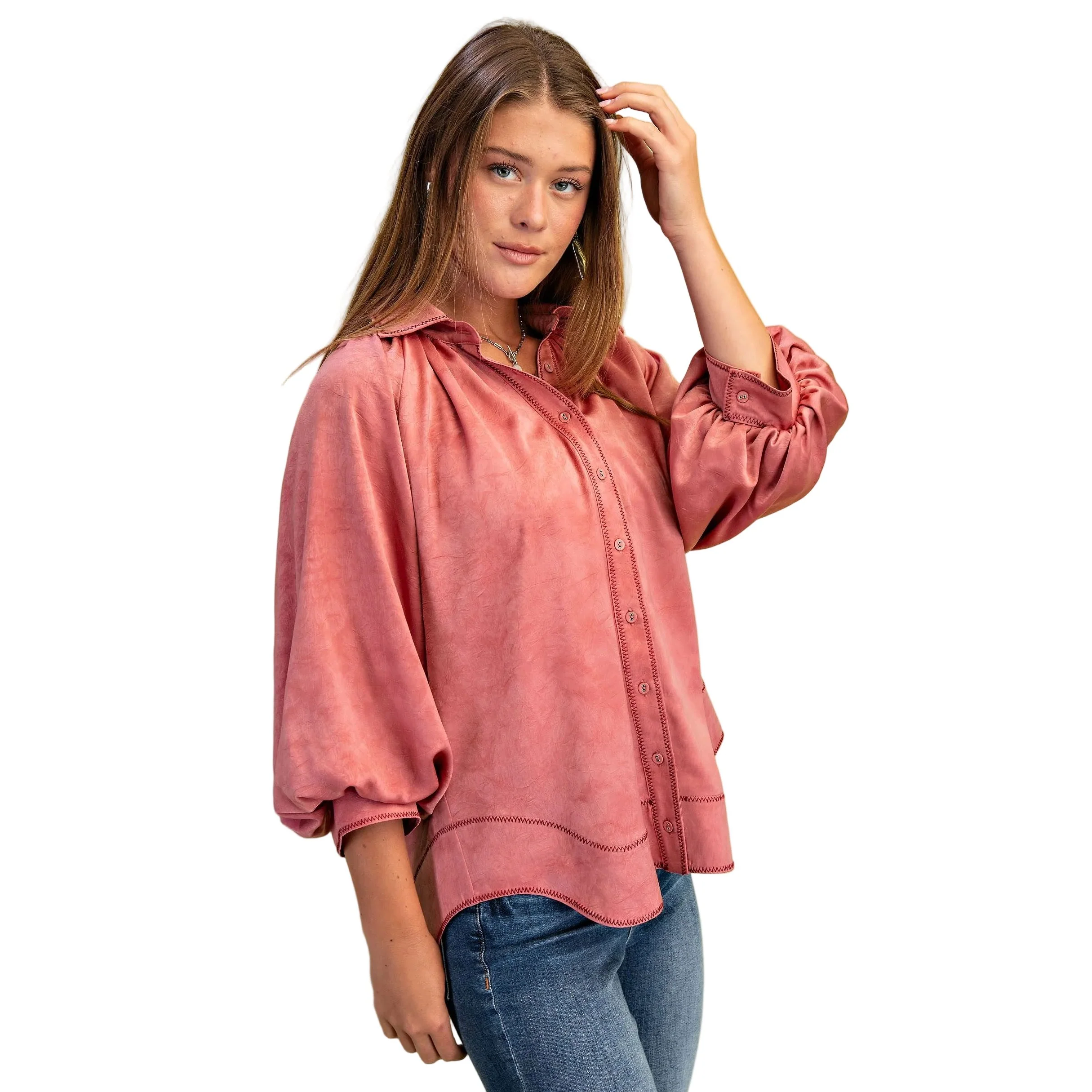 Women's Gigio Rose Satin Balloon Sleeve Button Down Blouse - Image 5