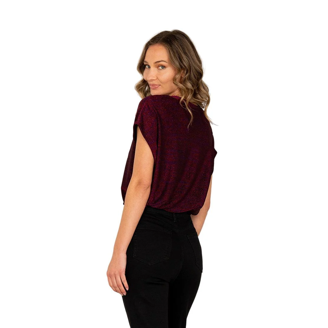 Women's Round Neck Cap Sleeves Shimmer Top - Image 10