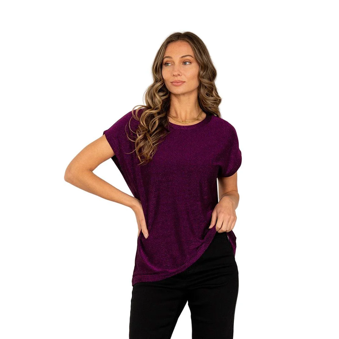 Women's Round Neck Cap Sleeves Shimmer Top - Image 7