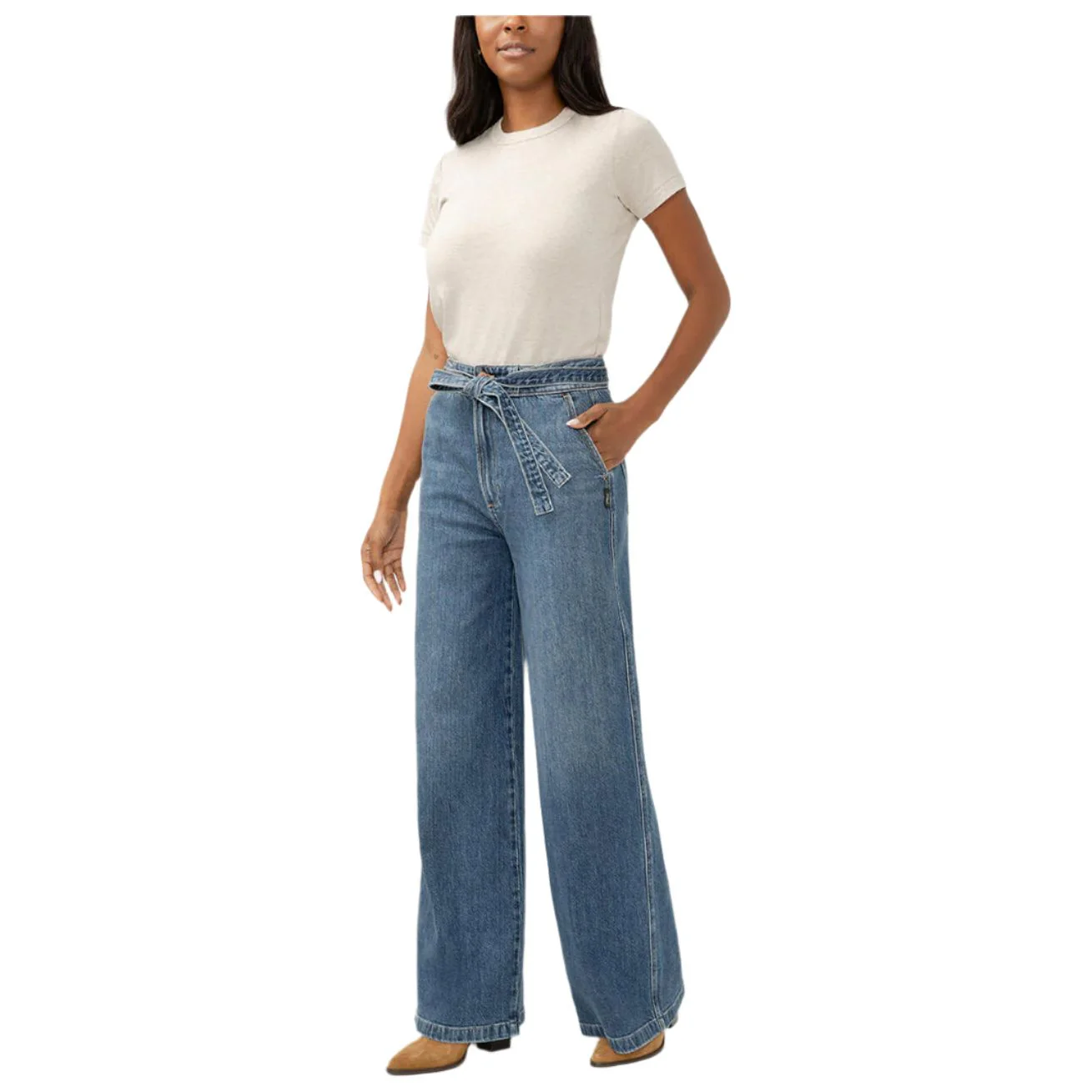 Women's Silver Highly Desirable High Rise Belted Ultra Wide Leg Jeans L28970ADM314 - Image 4