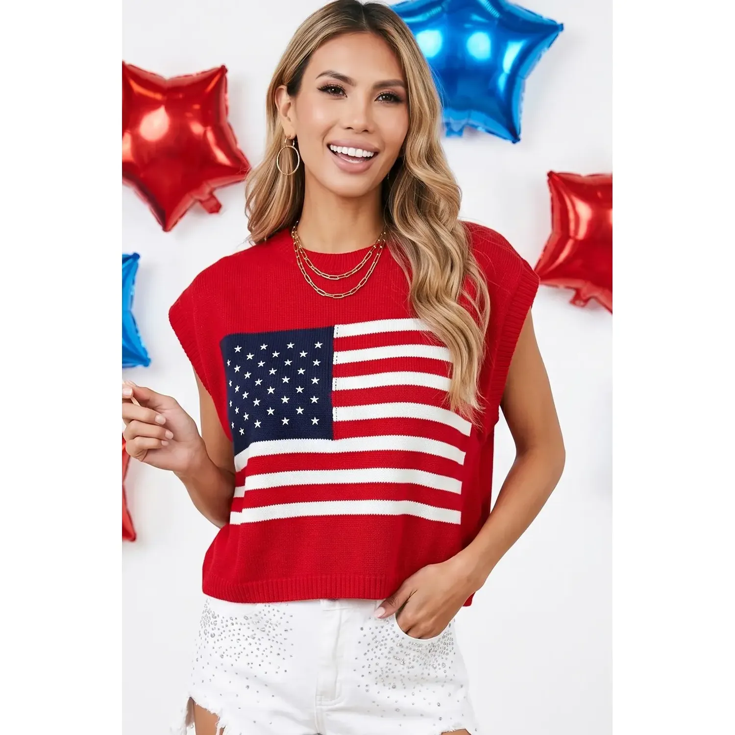 Women's Sleeveless 4TH of July Stars and Stripes Sweater Top - Image 2