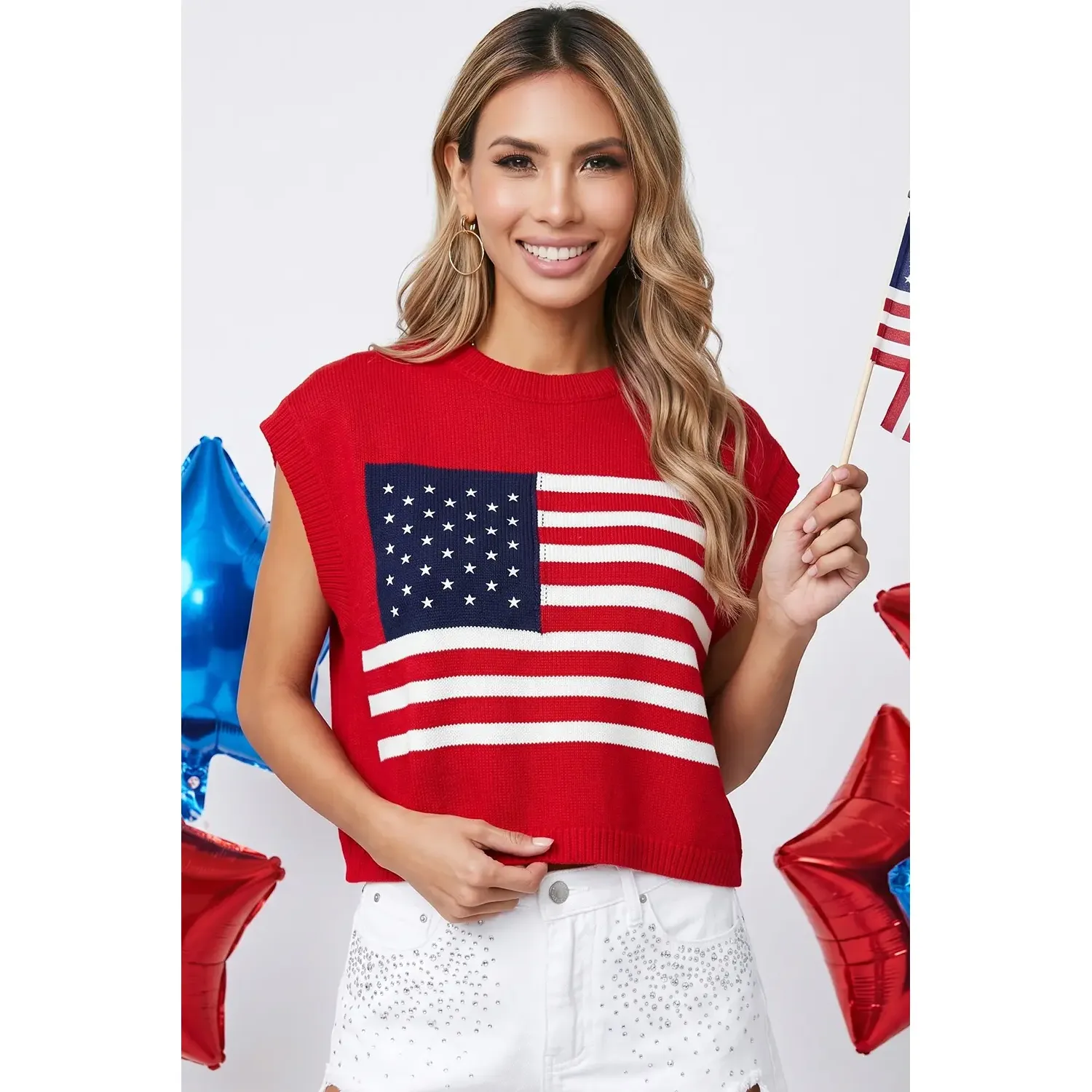 Women's Sleeveless 4TH of July Stars and Stripes Sweater Top - Image 3