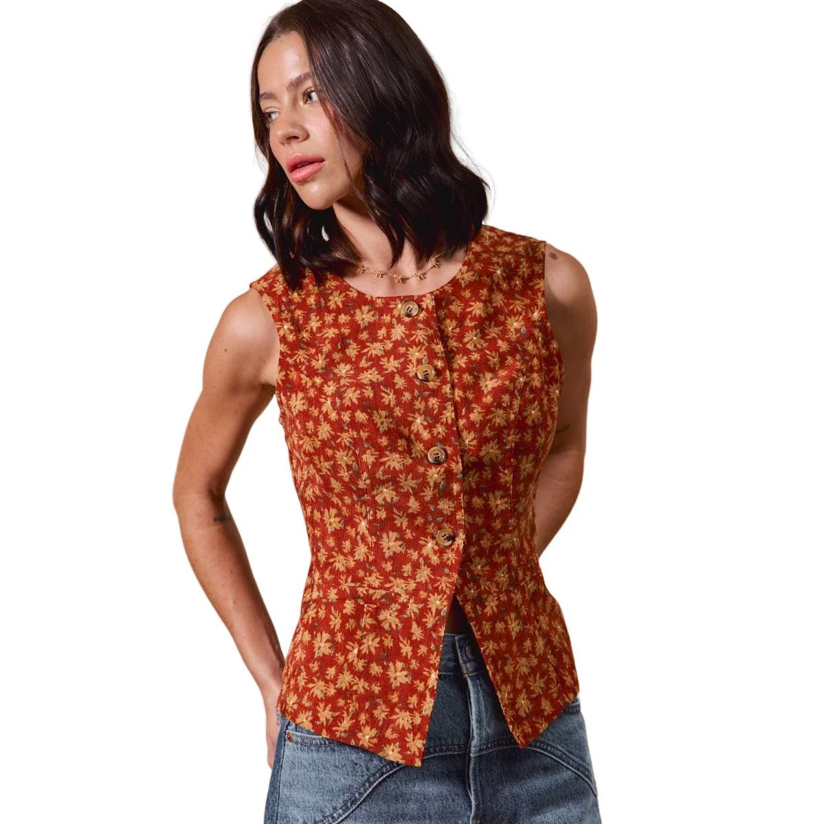 Women's Slim Fit Button Front Floral Corduroy Vest Top - Image 5