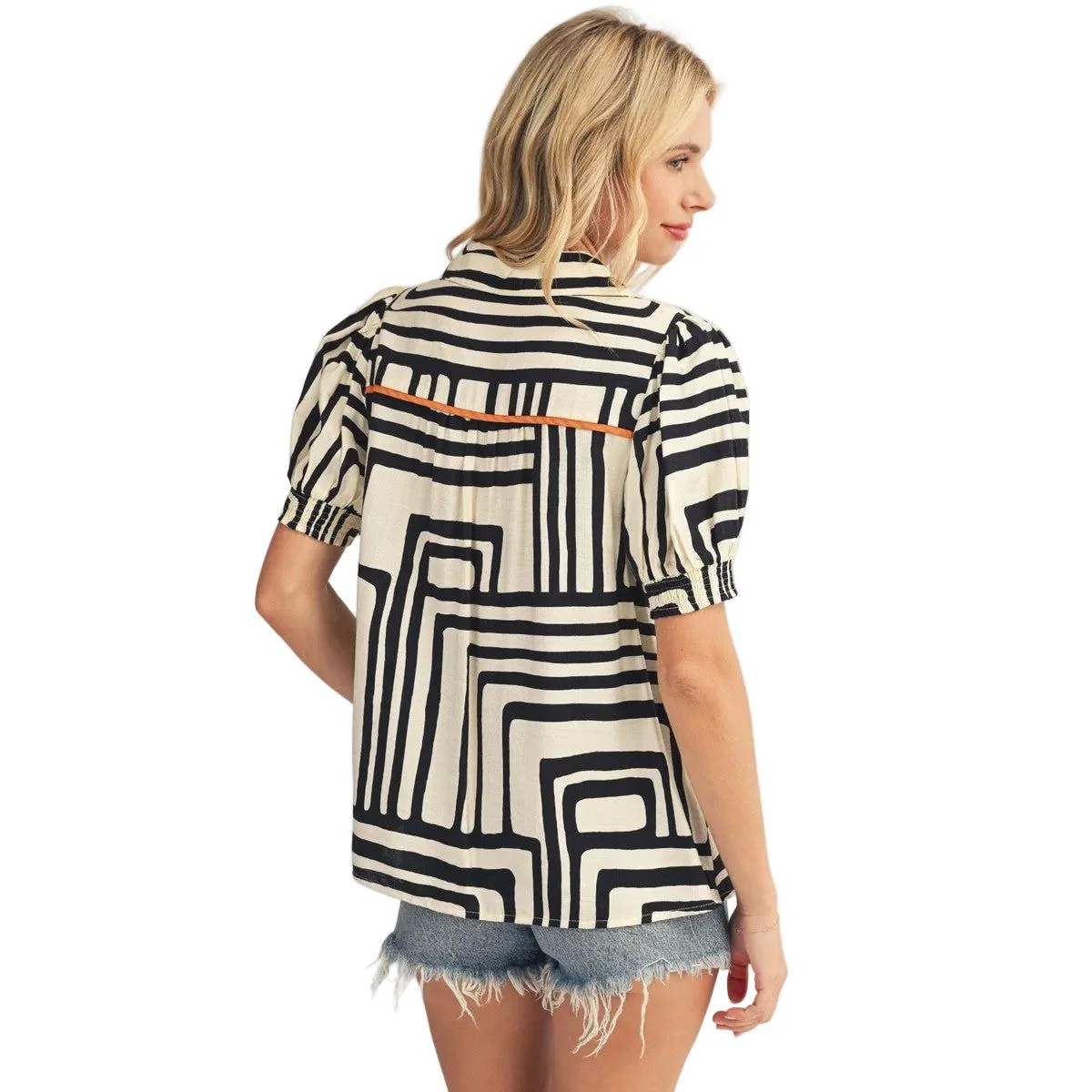 Women's Jodifl Solid Contrast Accent Geo Print Top H50704 - Image 3