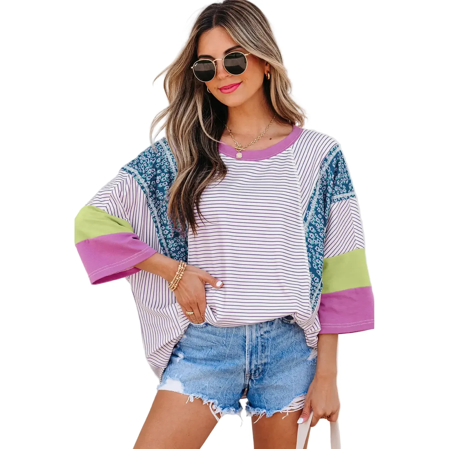 Women's Stripe Floral Raw Edge Patchwork Bracelet Sleeve Top - Image 3
