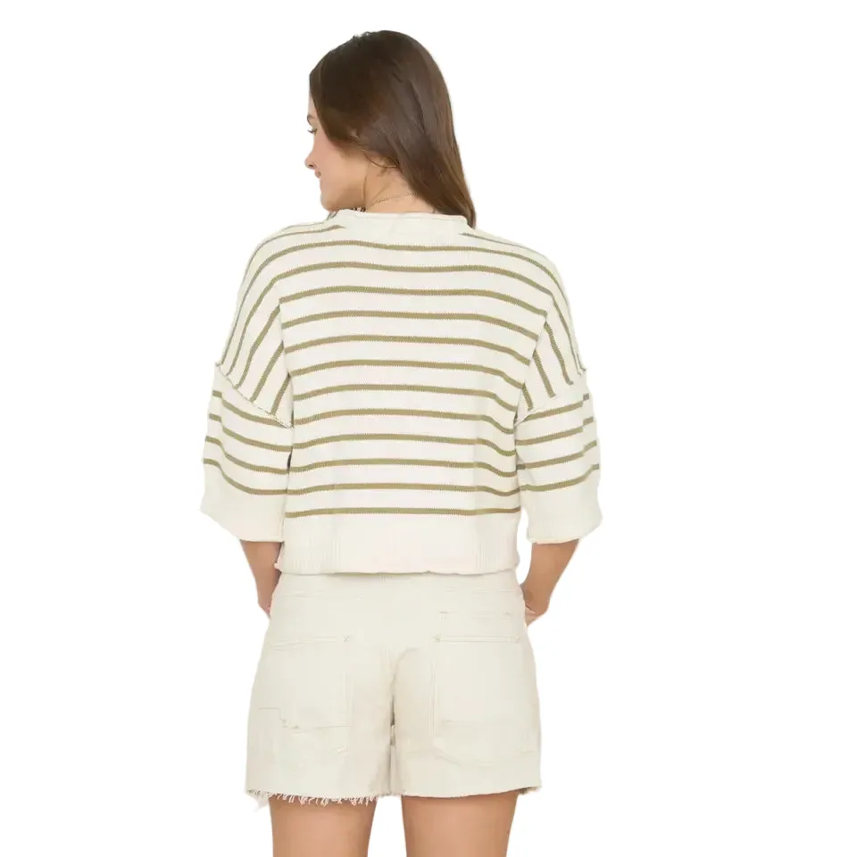 Women's Stripe Raw Edge Drop Shoulder Short Sleeve Sweater J6ST1036 - Image 2