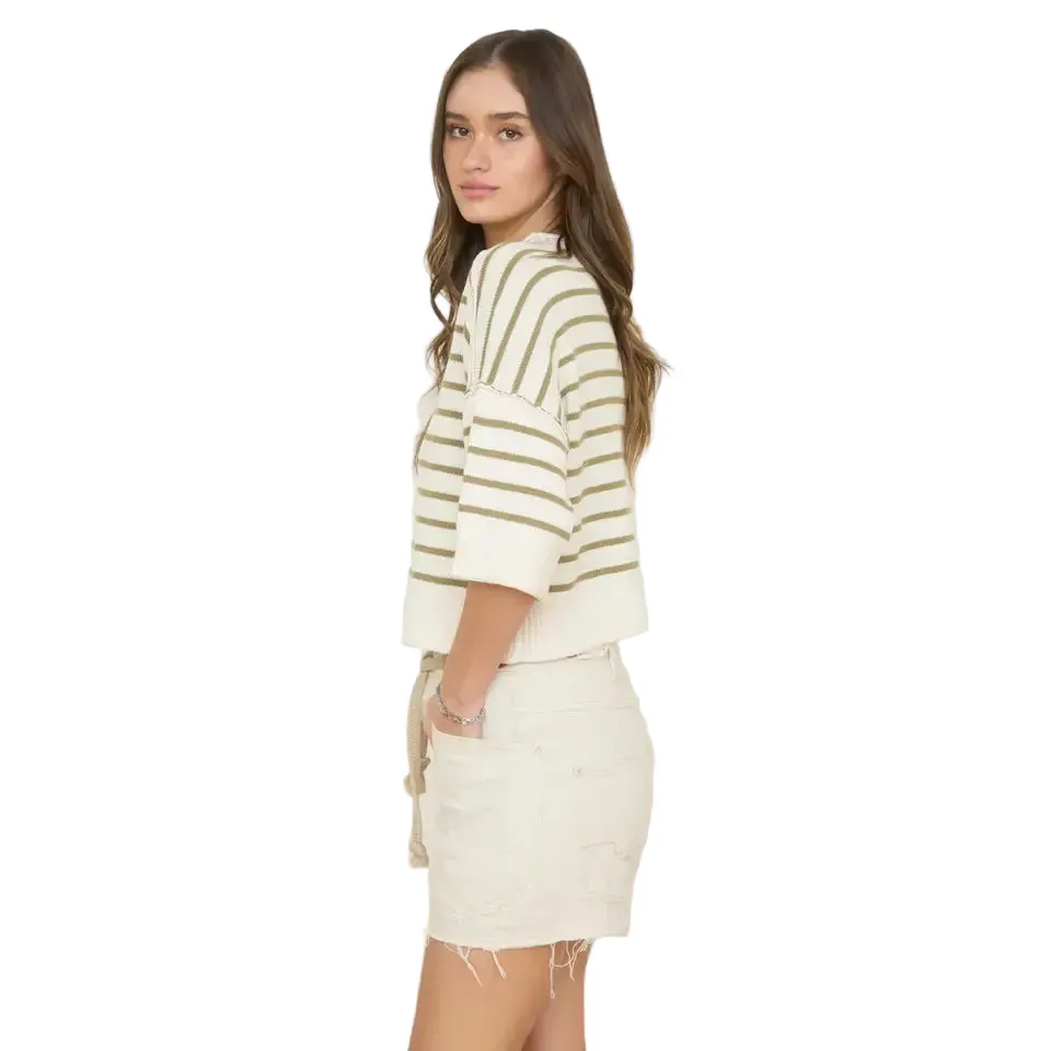 Women's Stripe Raw Edge Drop Shoulder Short Sleeve Sweater J6ST1036 - Image 3