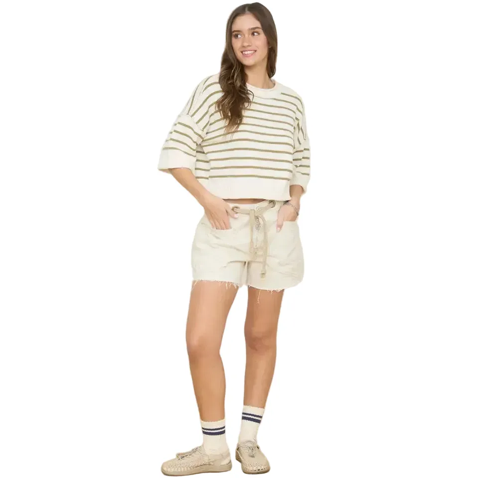 Women's Stripe Raw Edge Drop Shoulder Short Sleeve Sweater J6ST1036 - Image 4
