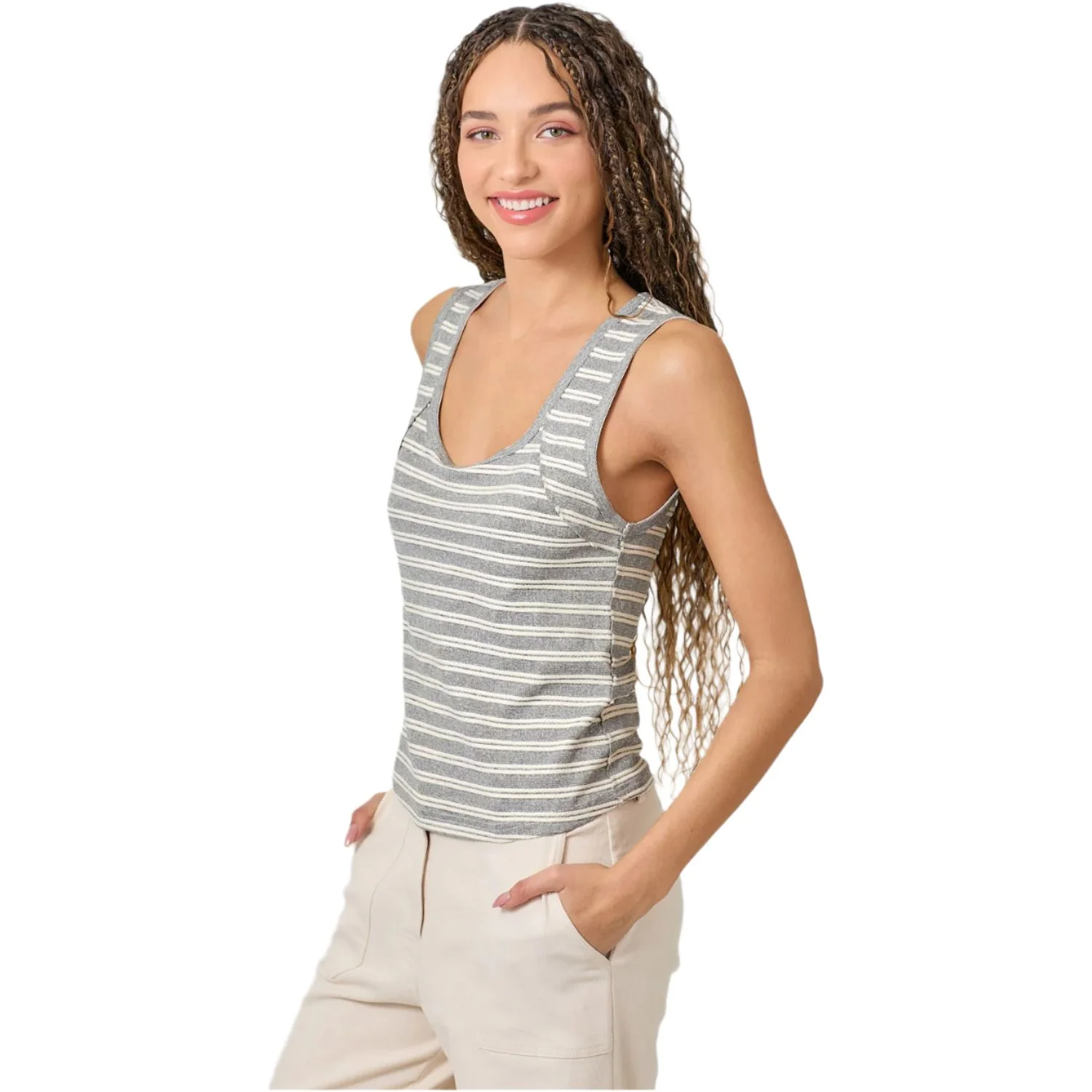 Women's Striped Raw Cut Edge Tank Top - Image 3