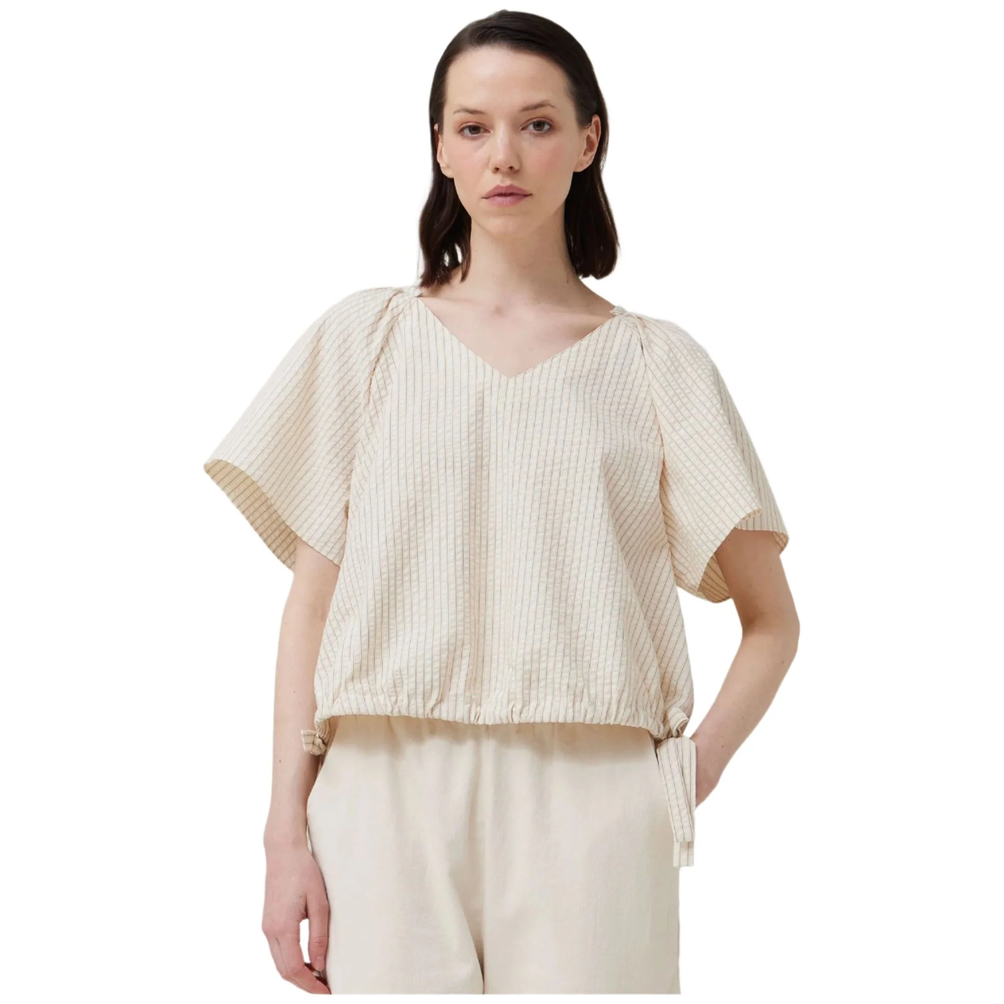 Women's Striped Side Ribbon Tie V-neck Short Shirt