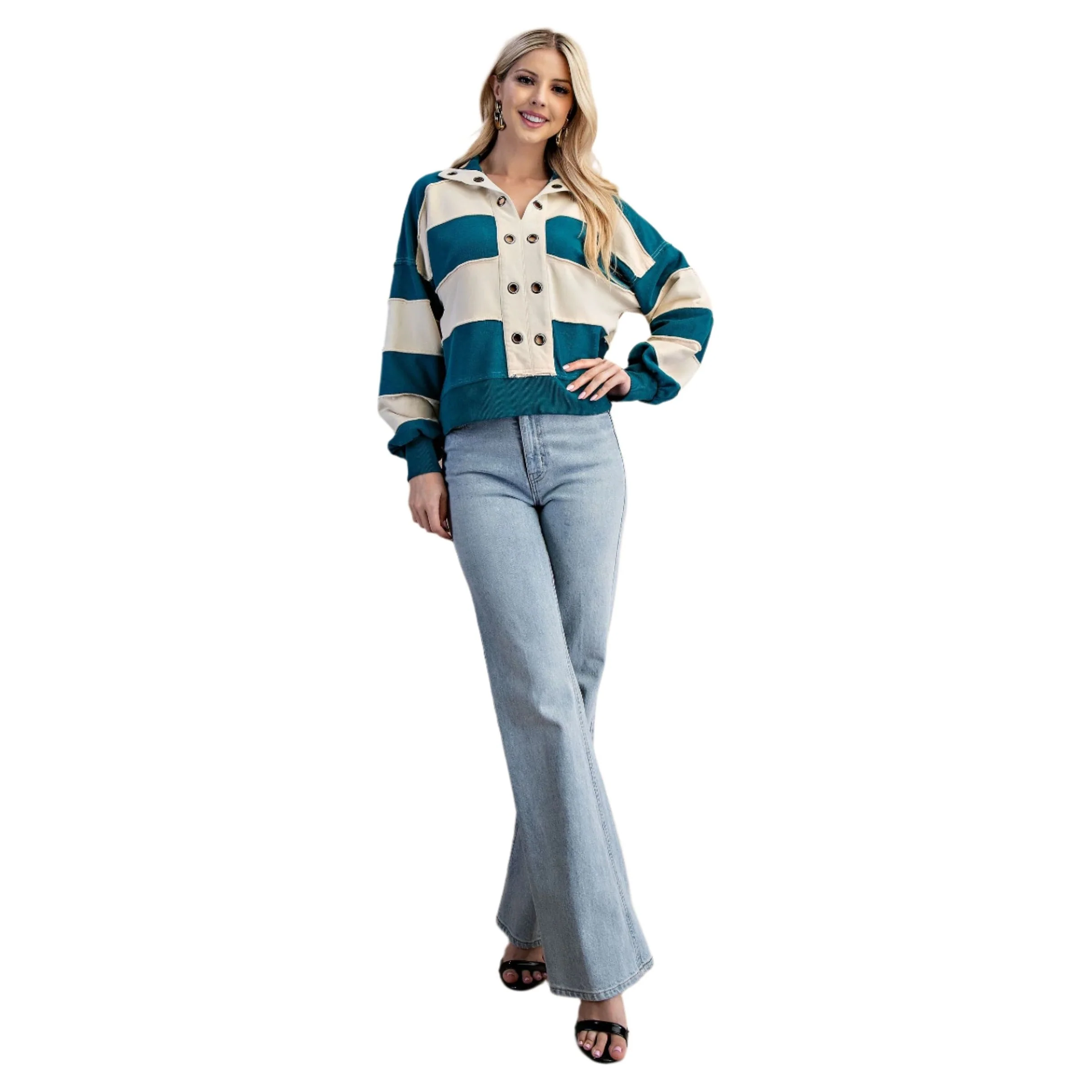 Women's Striped Texture Mixed Rugby Style Sweatshirt - Image 3