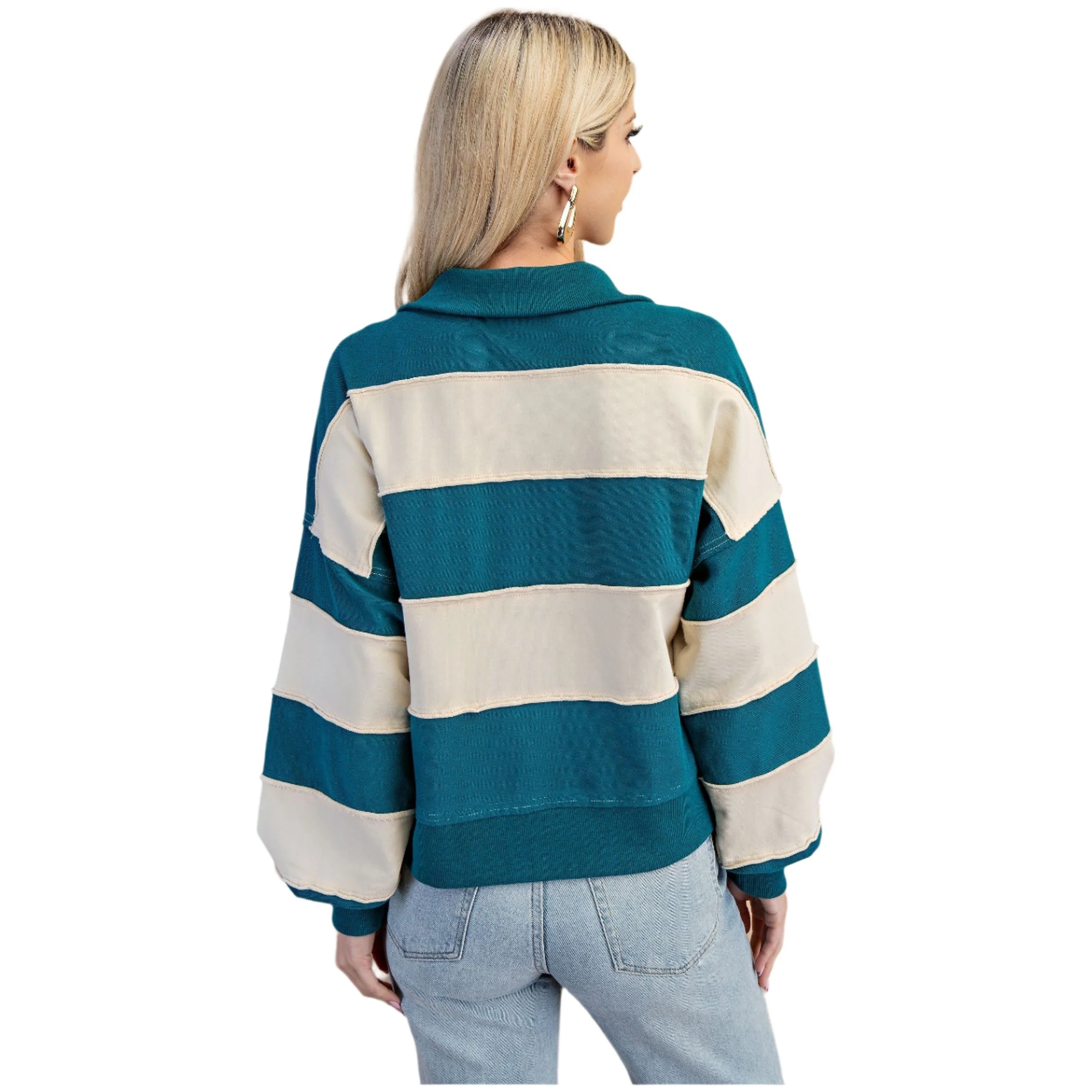 Women's Striped Texture Mixed Rugby Style Sweatshirt - Image 5