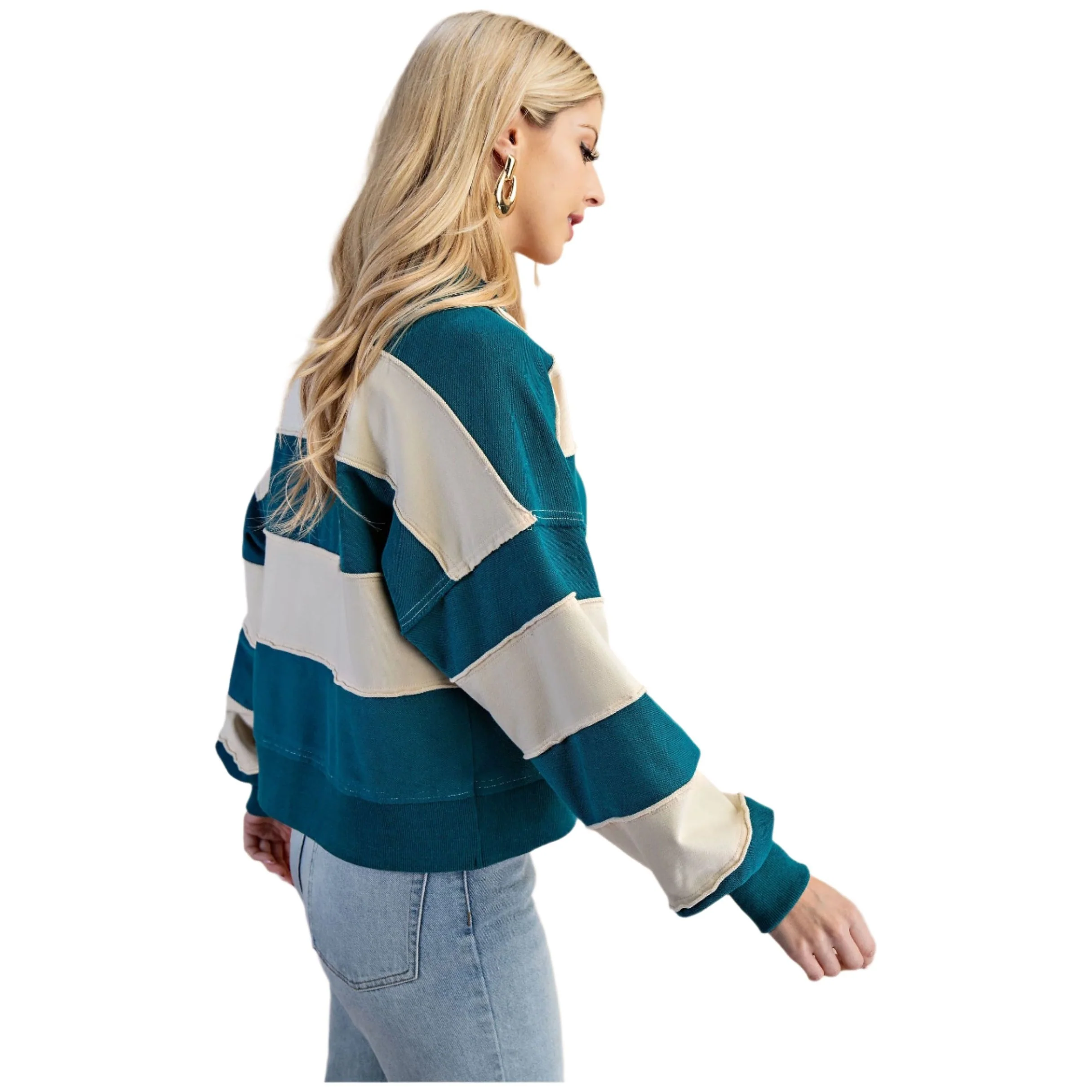 Women's Striped Texture Mixed Rugby Style Sweatshirt - Image 6
