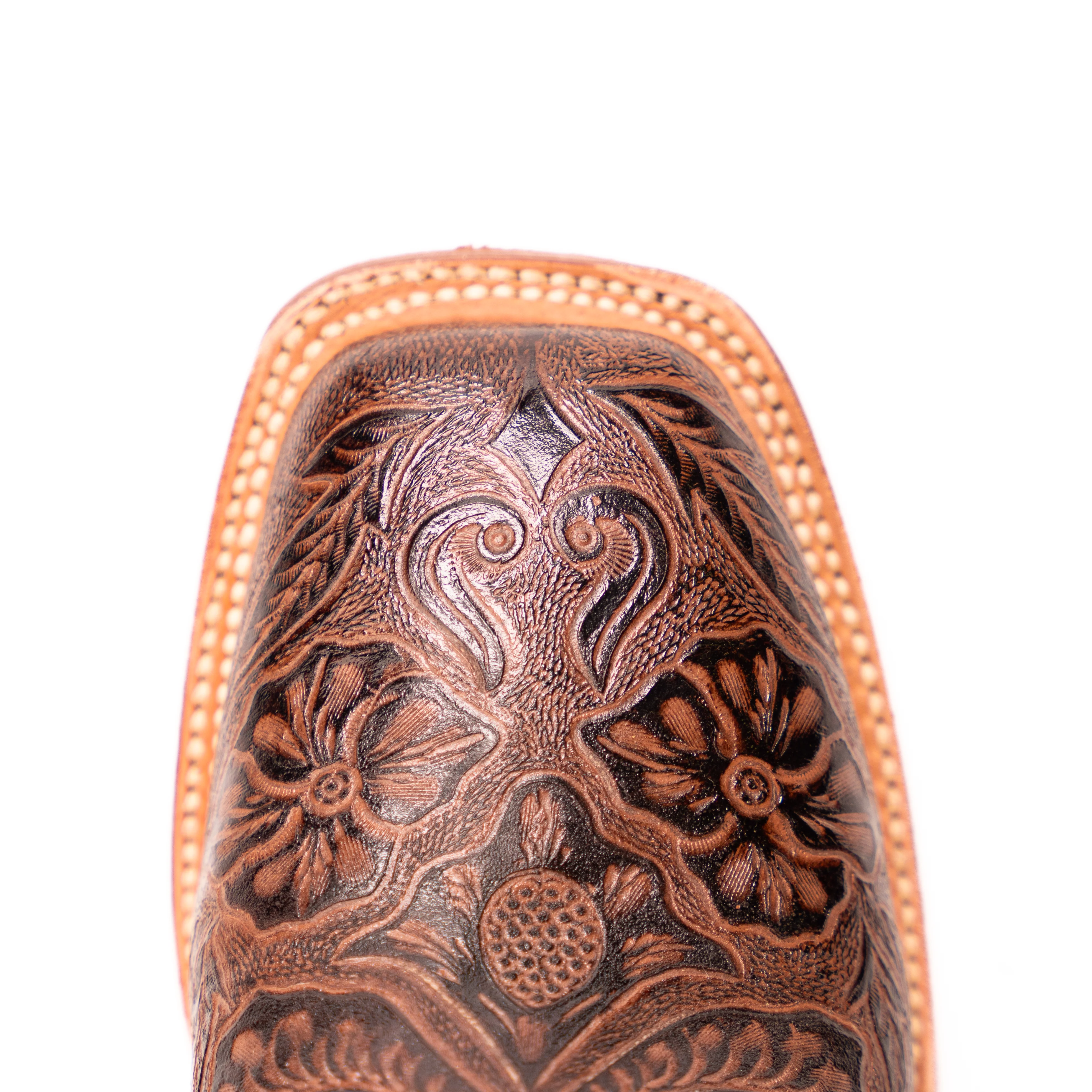 Women's Tanner Mark Tooled Brown Square Toe Boots TML201759 - Image 5